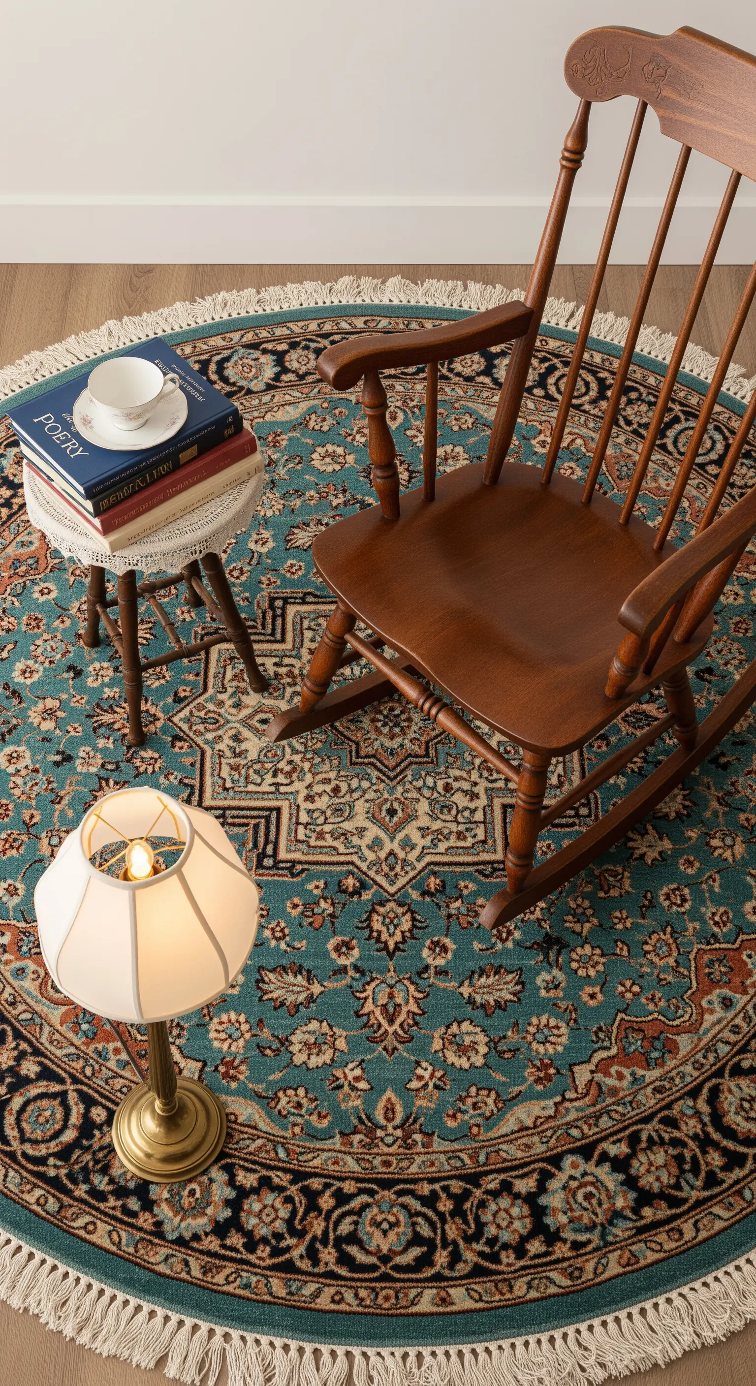 Sedia a dondolo in legno su un tappeto persiano rotondo color turchese, con una piccola lampada.