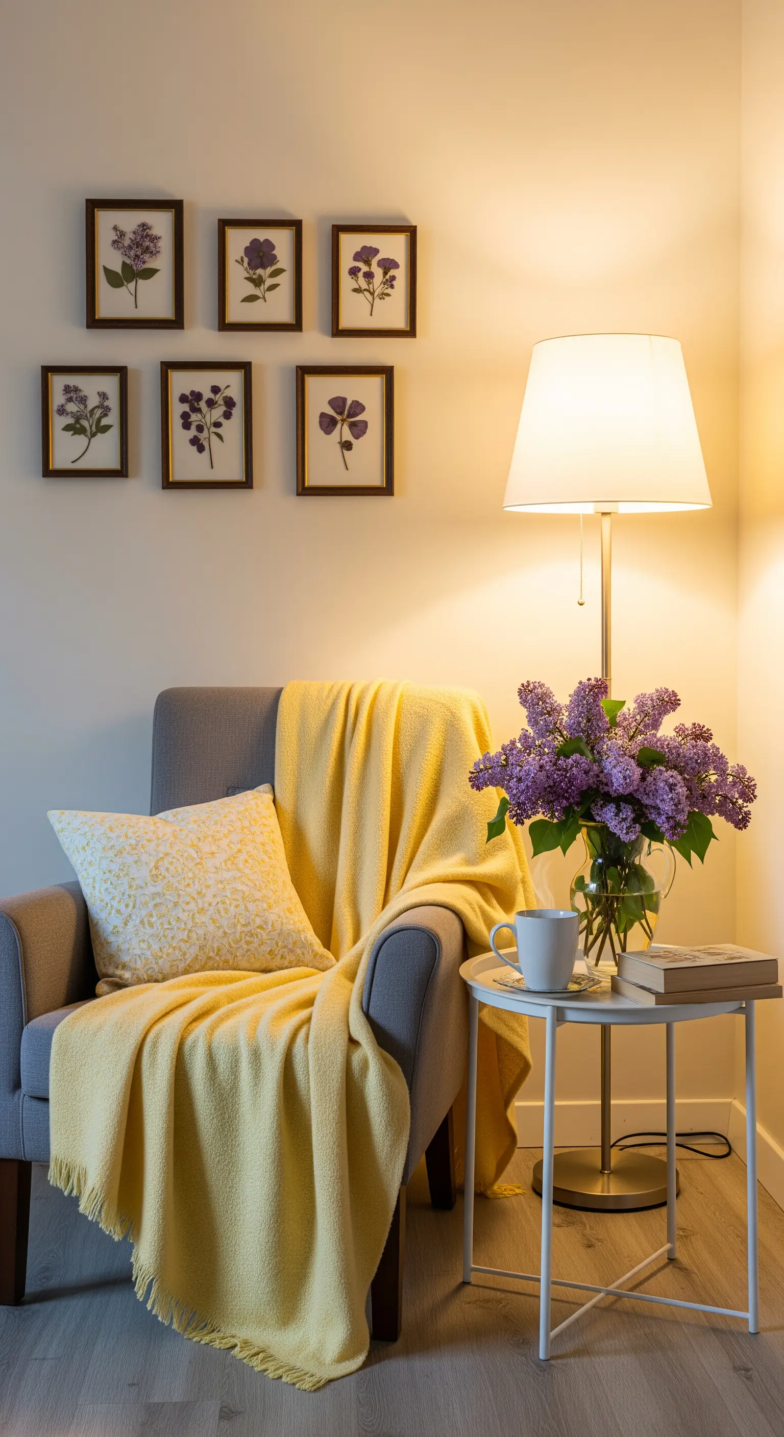Angolo lettura con poltrona grigia, plaid giallo, lampada e un mazzo di lillà.