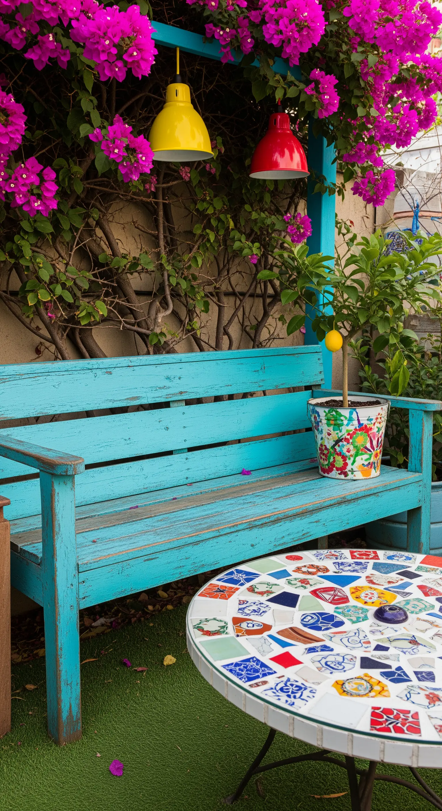 Panca turchese e tavolo con mosaico colorato sotto una bouganville e lampade a sospensione.