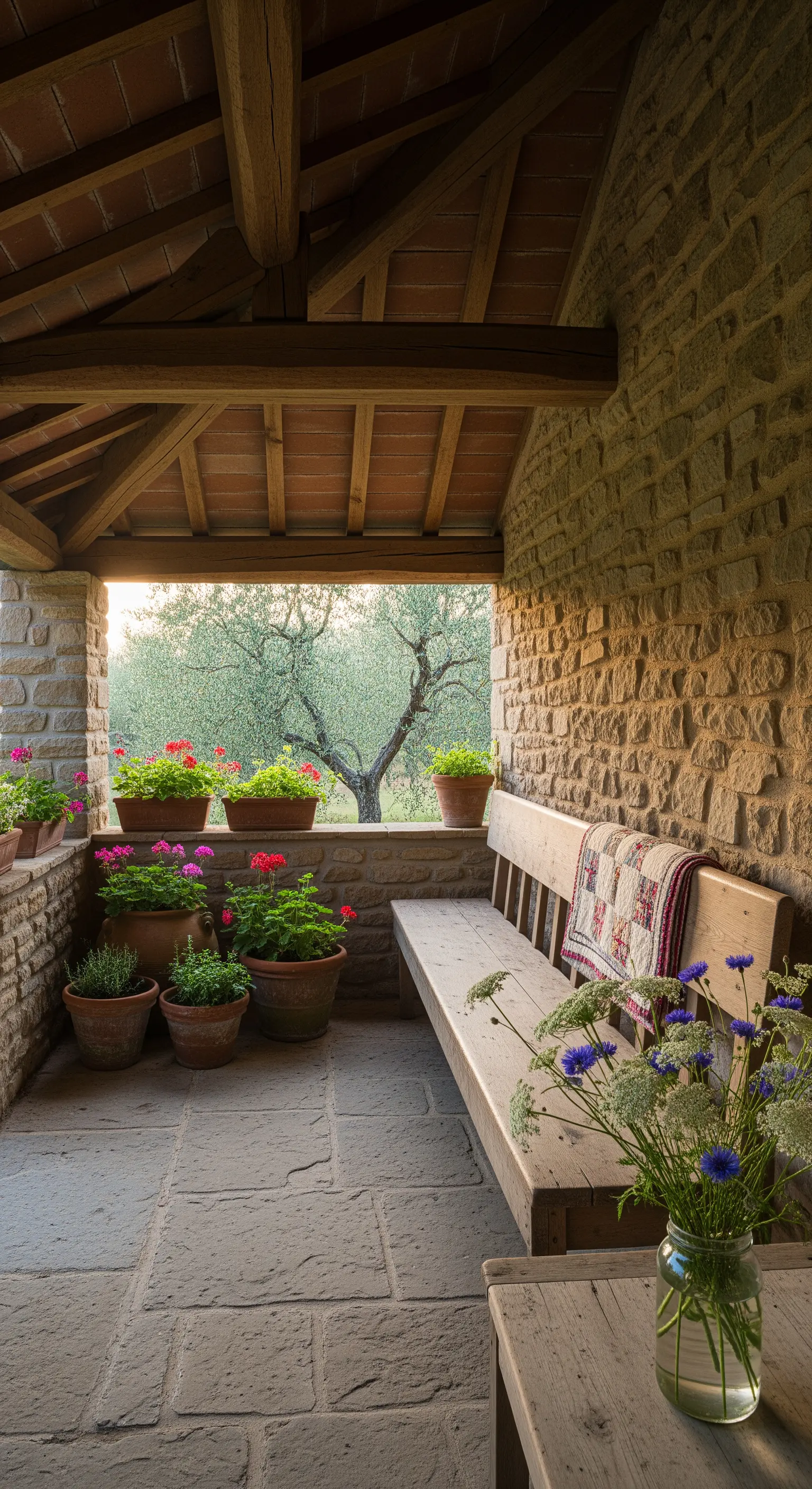 Panca in legno grezzo contro un muro di pietra, con vasi di gerani rossi e rosa.