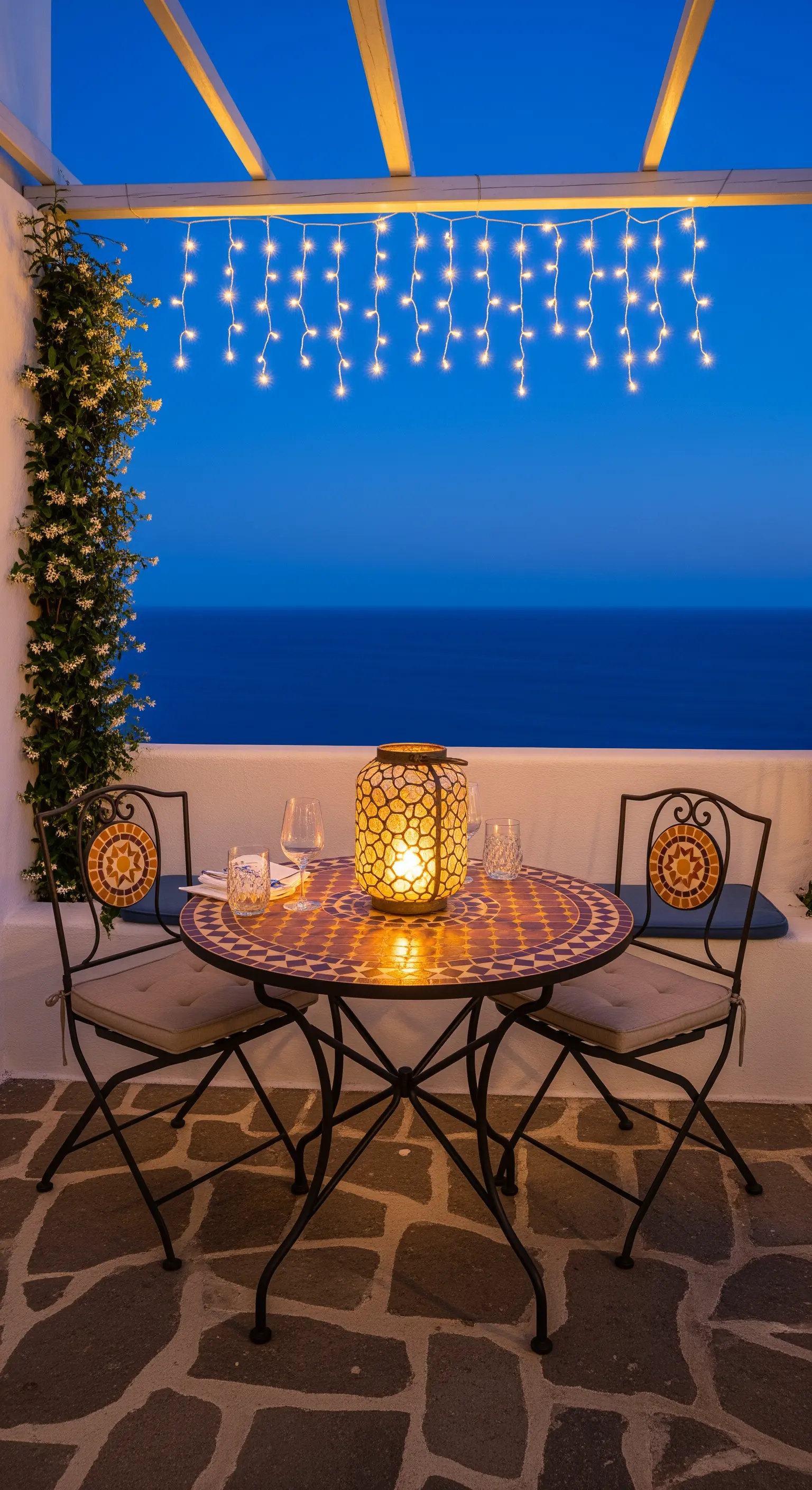 Balcone con tavolino in mosaico, lanterna e lucine a tendina sullo sfondo del mare blu
