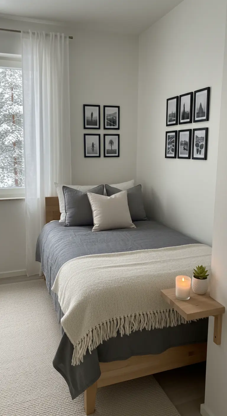 Letto singolo in una piccola stanza con una galleria di foto in bianco e nero e una mensola come comodino.