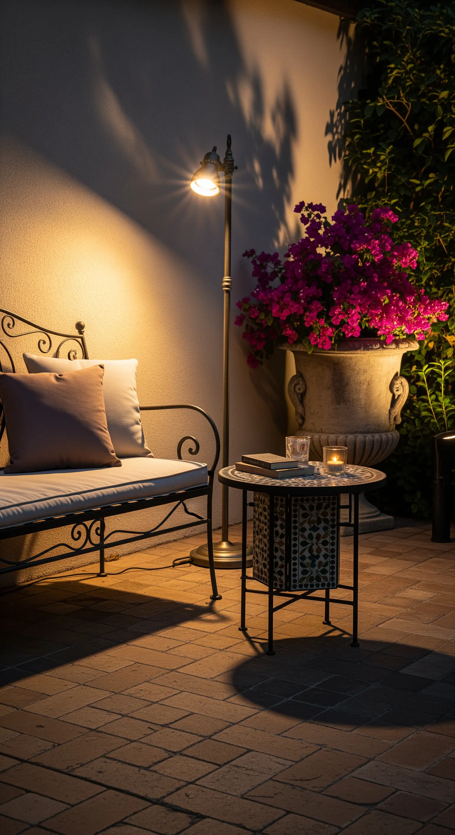 Angolo lettura con panca in ferro battuto, tavolino a mosaico e lampada da terra.