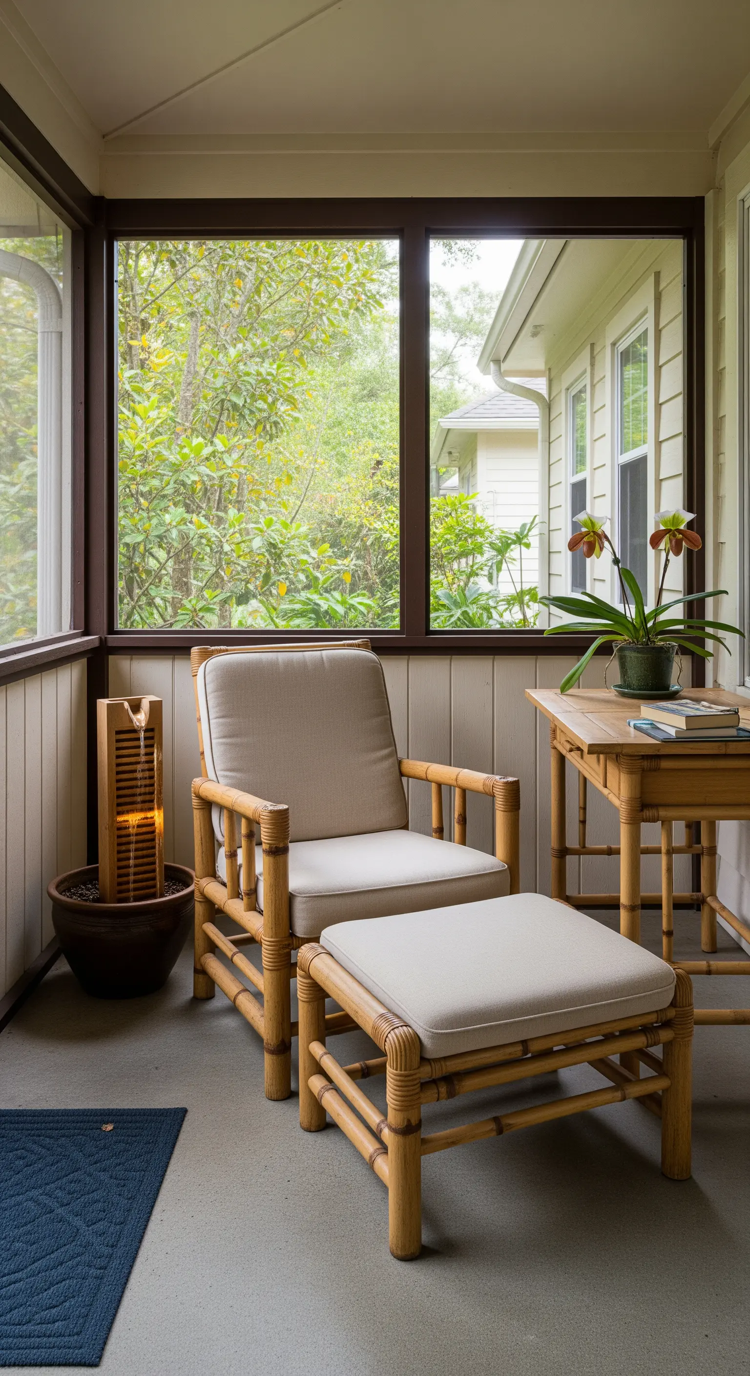 Portico verandato con poltrona in bambù, poggiapiedi e una piccola fontana da tavolo.