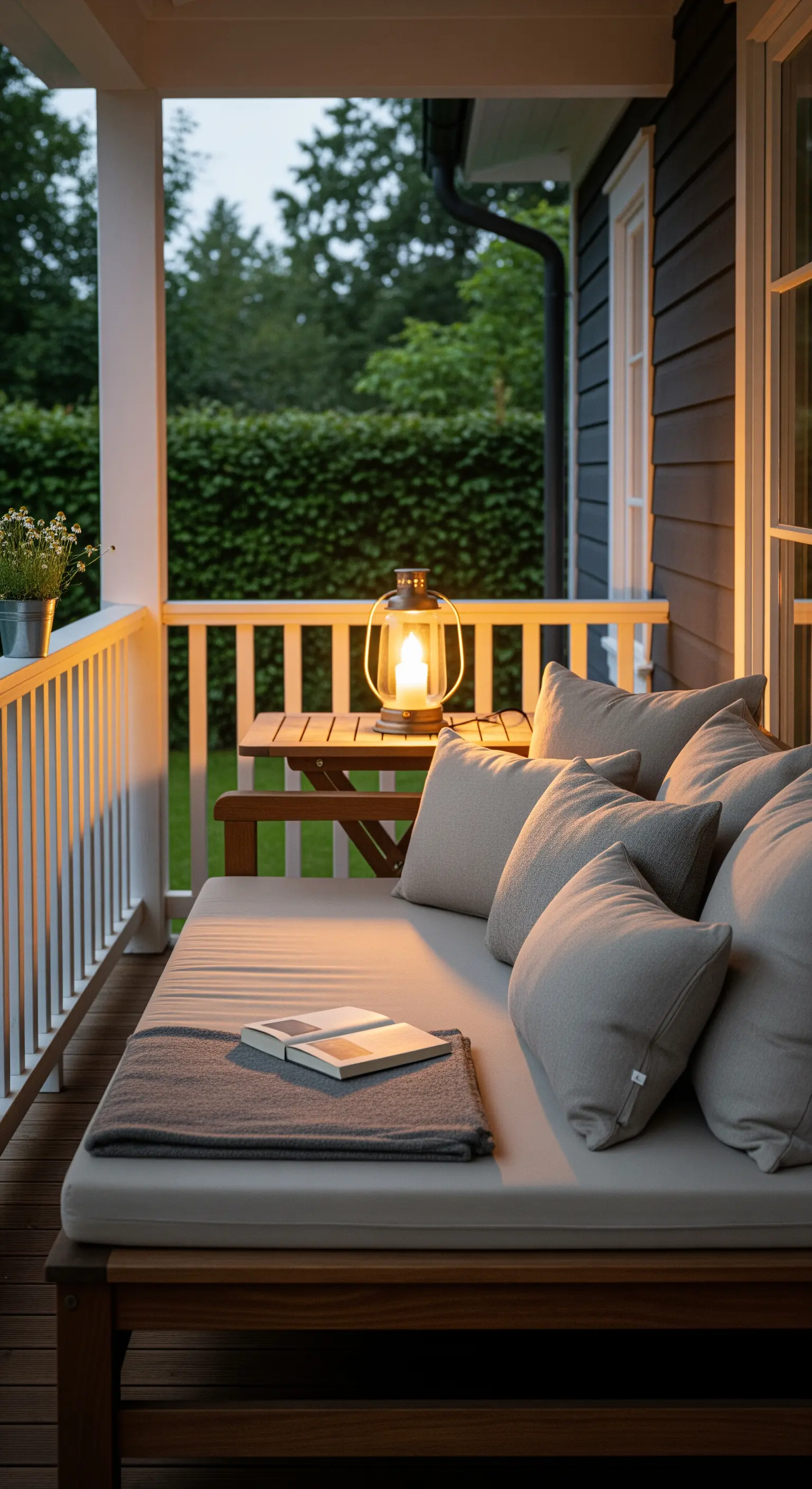 Chaise longue con cuscini su un portico, illuminata da una lanterna per la lettura serale.