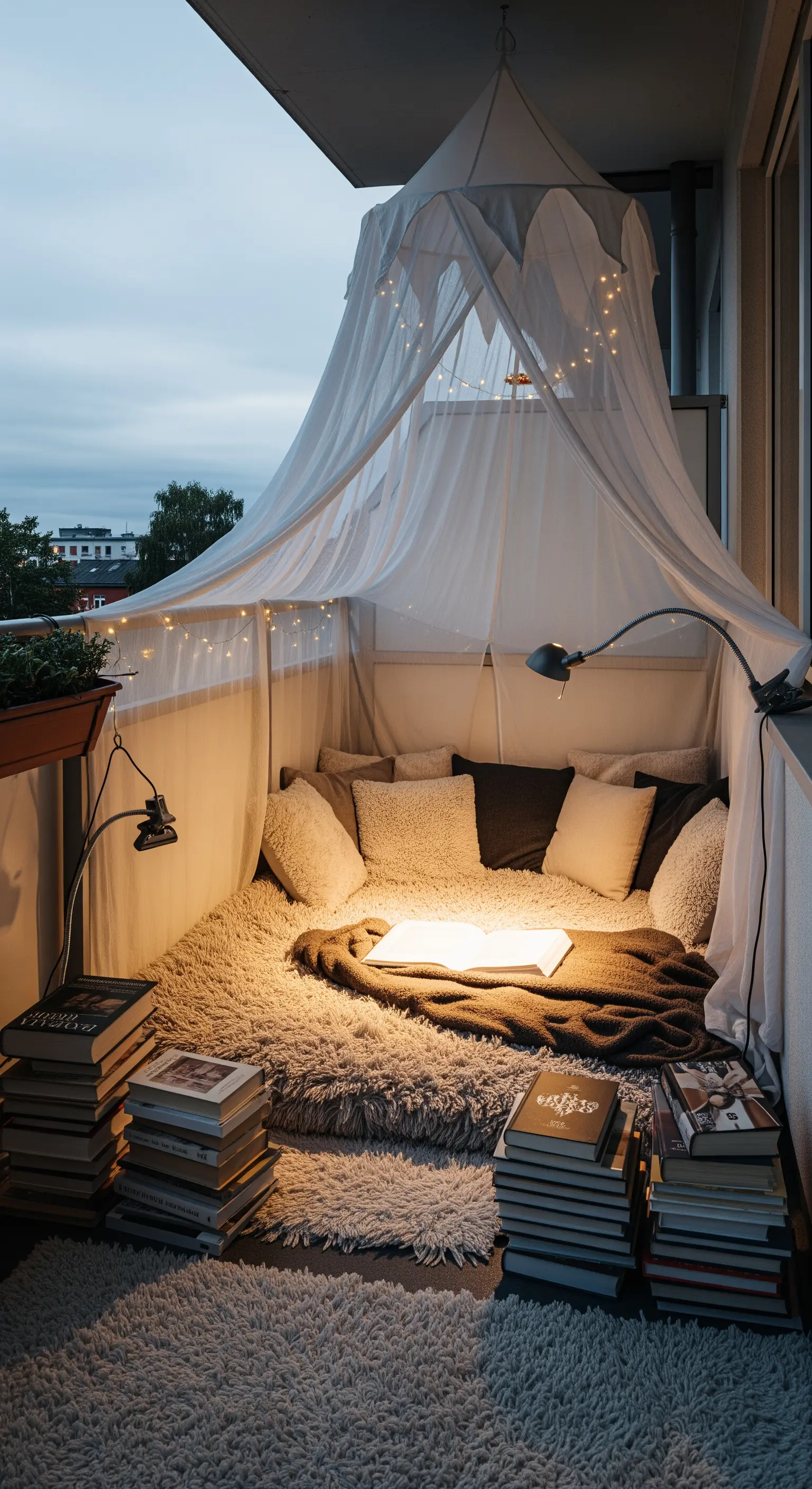 Angolo lettura su un balcone, creato con una zanzariera a baldacchino, cuscini e un tappeto morbido.