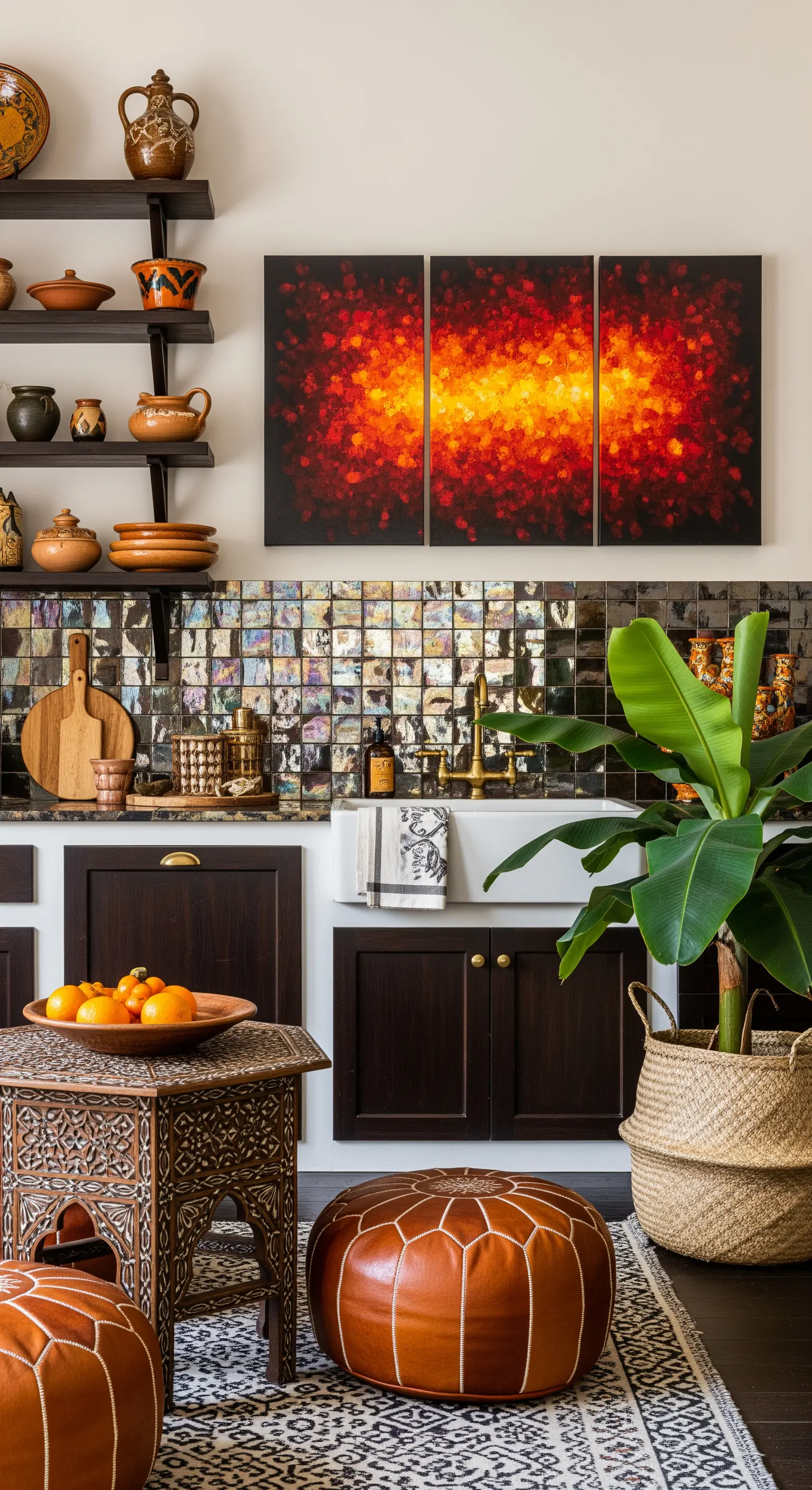 Angolo cucina in stile marocchino con piastrelle zellige, pouf in pelle e ceramiche artigianali.