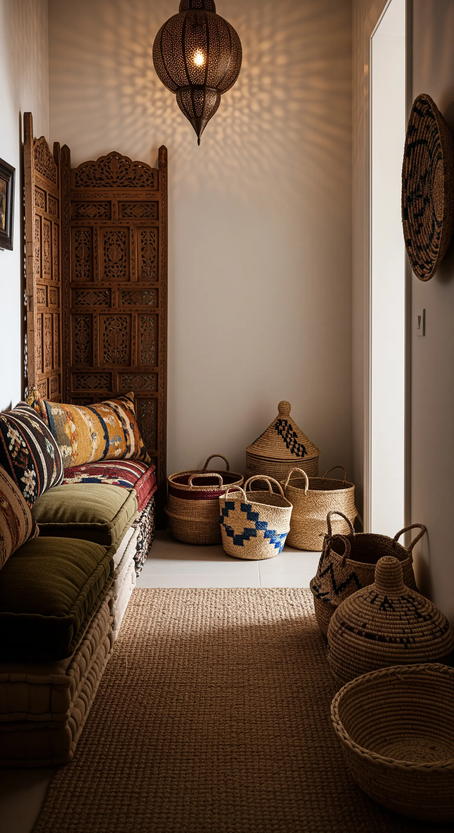 Angolo bohémien con cuscini da pavimento, separé in legno e cesti in un ingresso caldo.