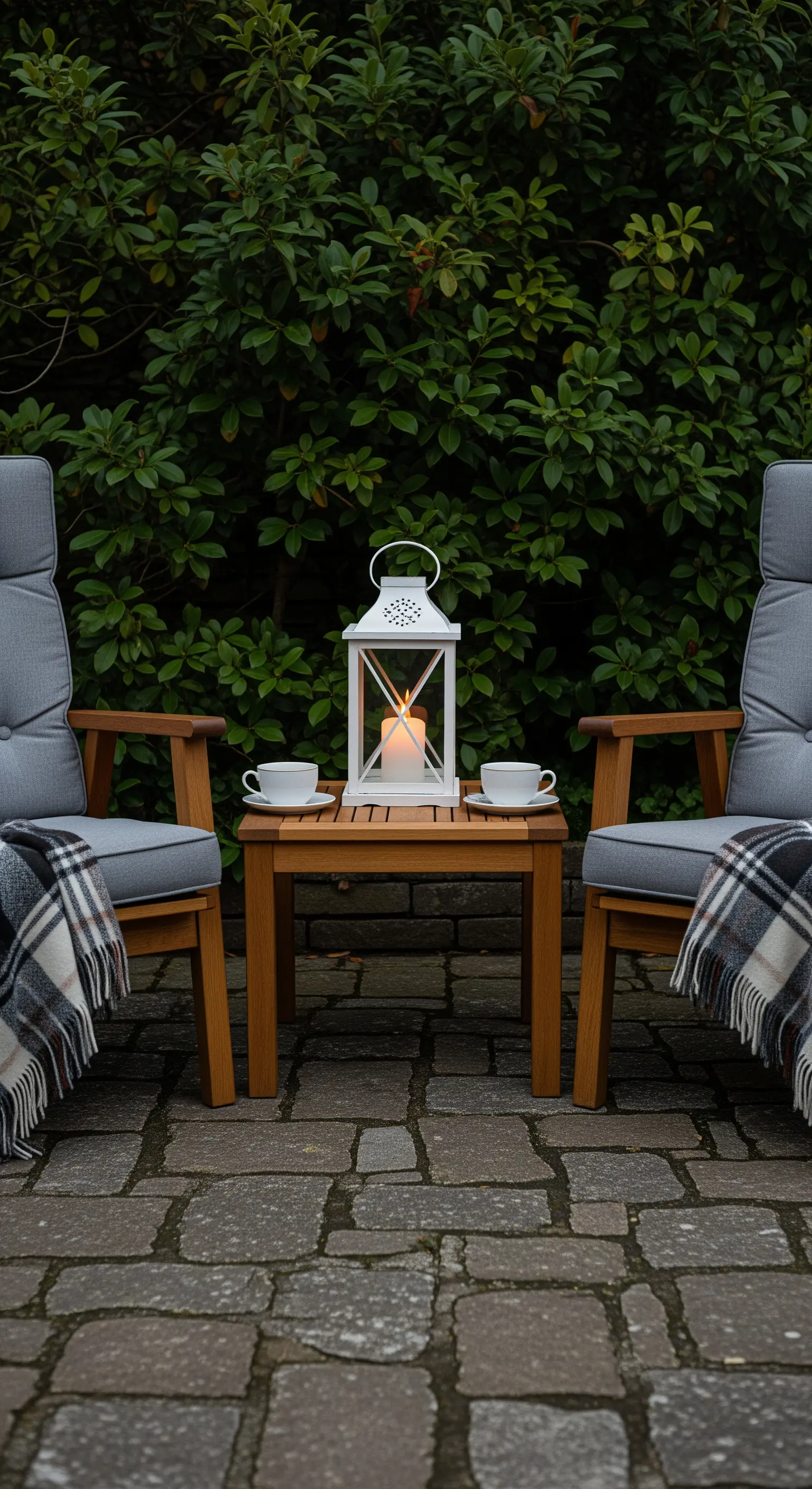 Due sedie in legno con cuscini grigi e una lanterna bianca su un tavolino al centro.