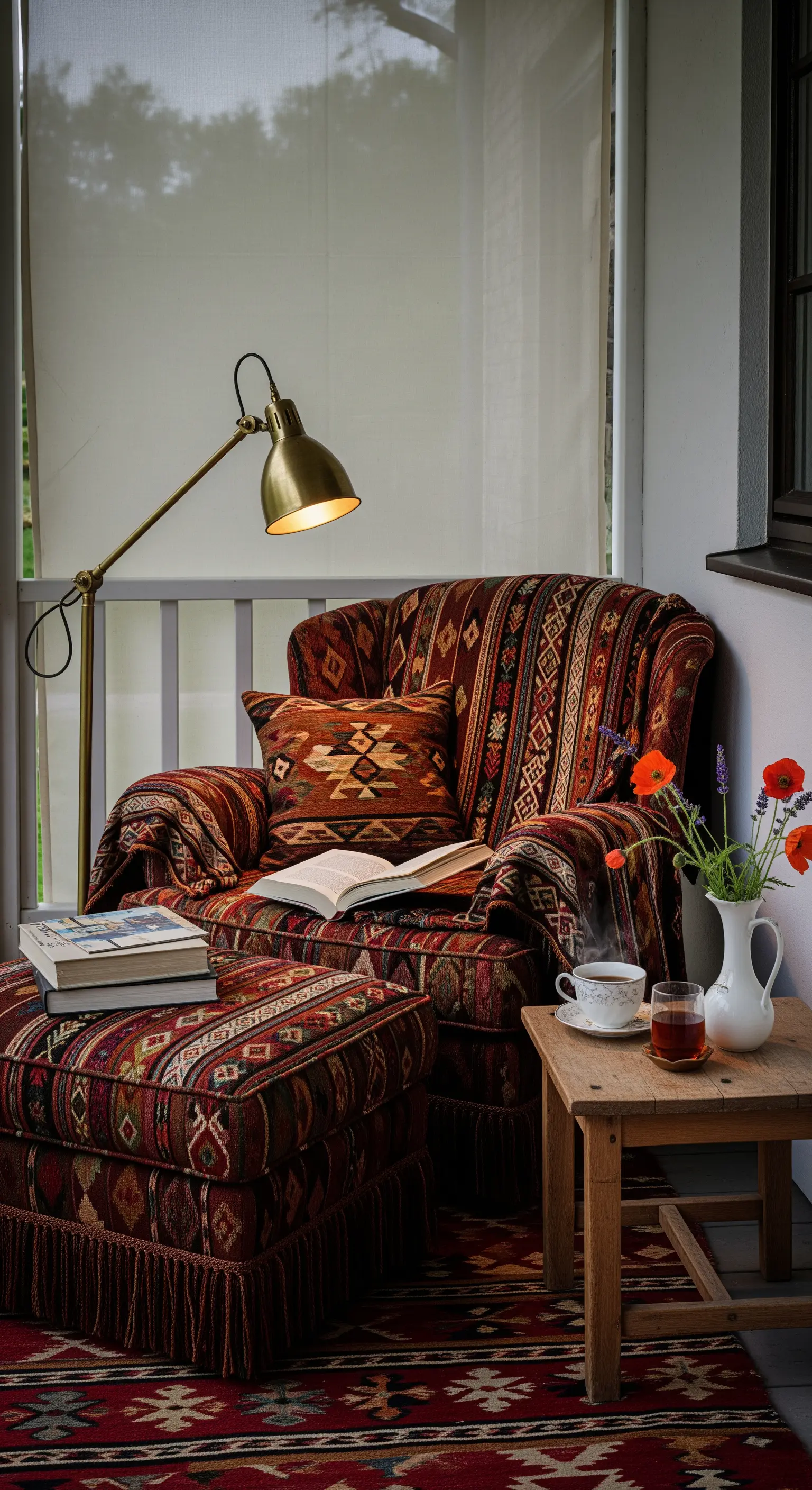 Poltrona e pouf rivestiti in tessuto kilim, con lampada in ottone, su un portico.