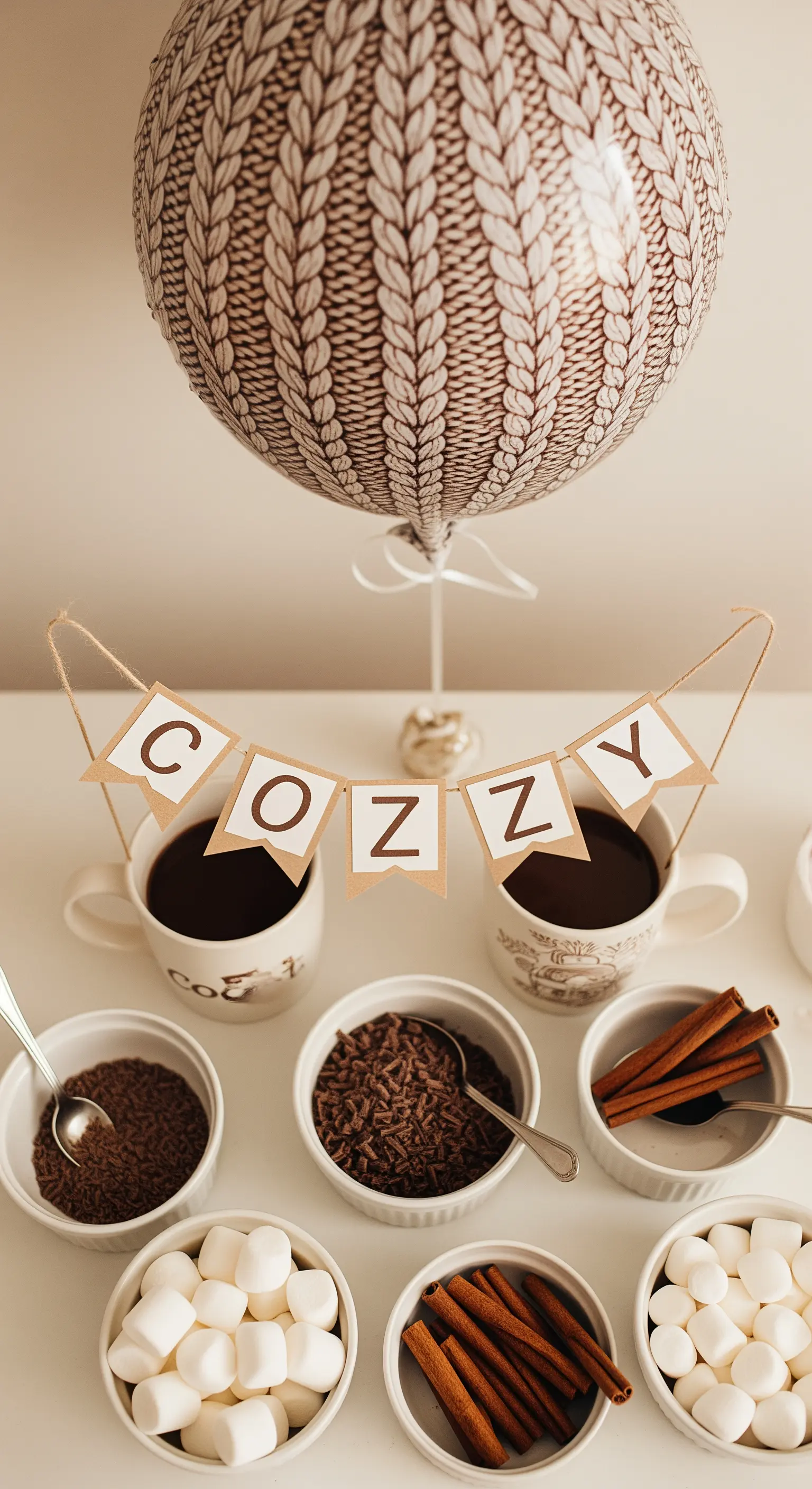 Stazione per cioccolata calda con tazze, guarnizioni, banner 'Cozy' e palloncino a tema lana.