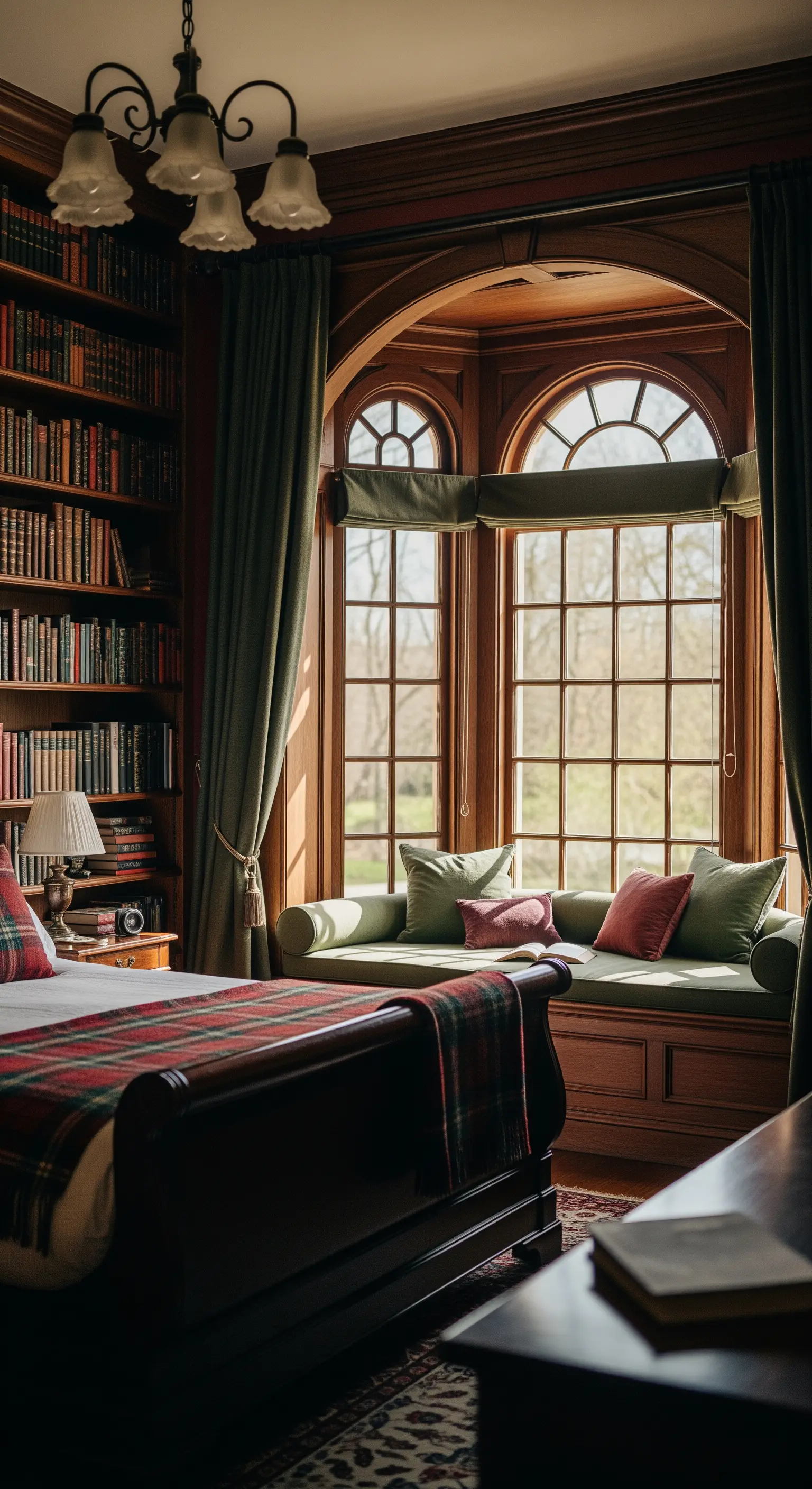 Camera-biblioteca classica con panca imbottita in una nicchia con finestra ad arco.