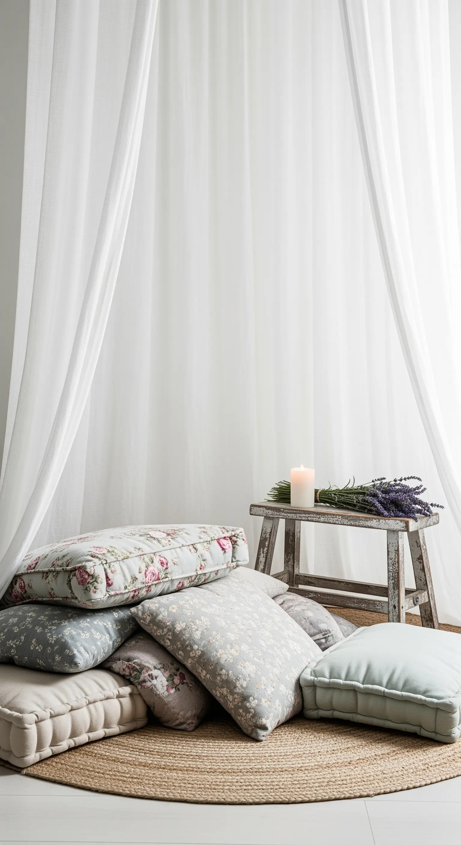 Angolo relax a terra con cuscini floreali su un tappeto di juta e uno sgabello con candela.