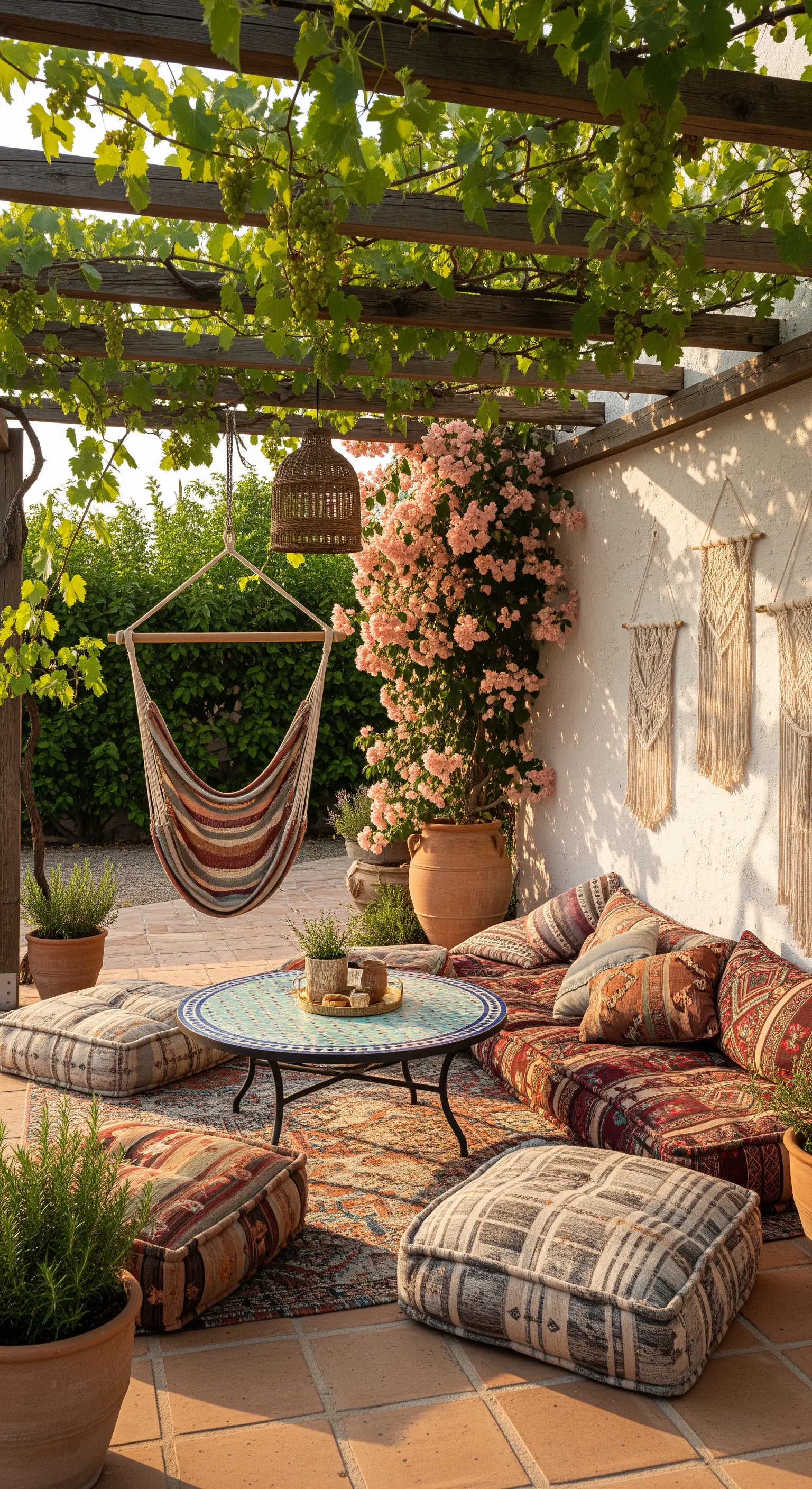 Angolo relax bohémien con cuscini a terra, amaca e tavolo in mosaico.