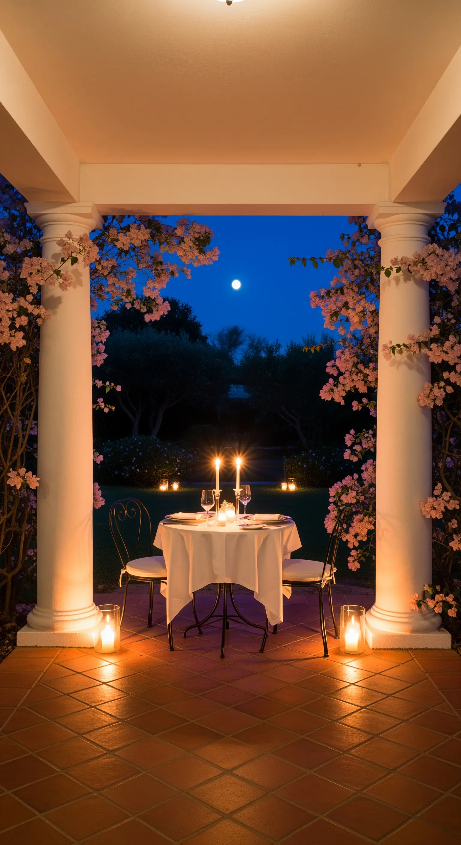 Tavolo per due apparecchiato a lume di candela tra due colonne bianche di un portico