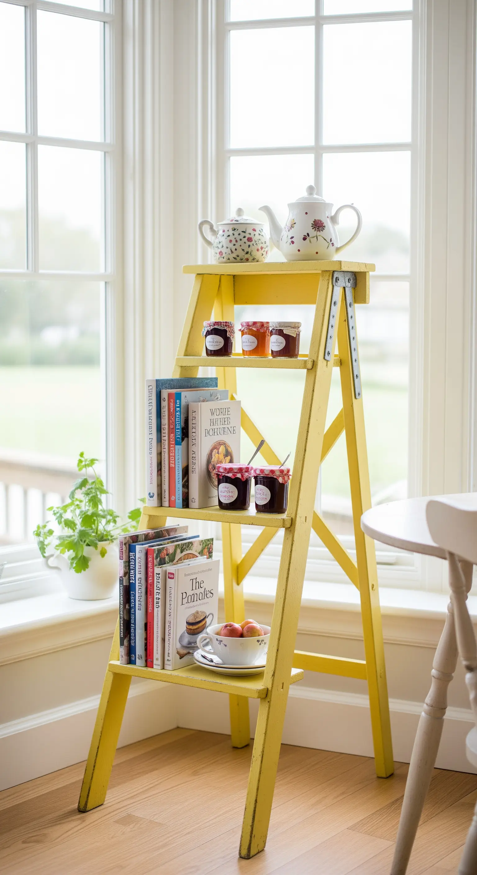 Scaletta in legno gialla con libri di cucina e vasetti di marmellata.