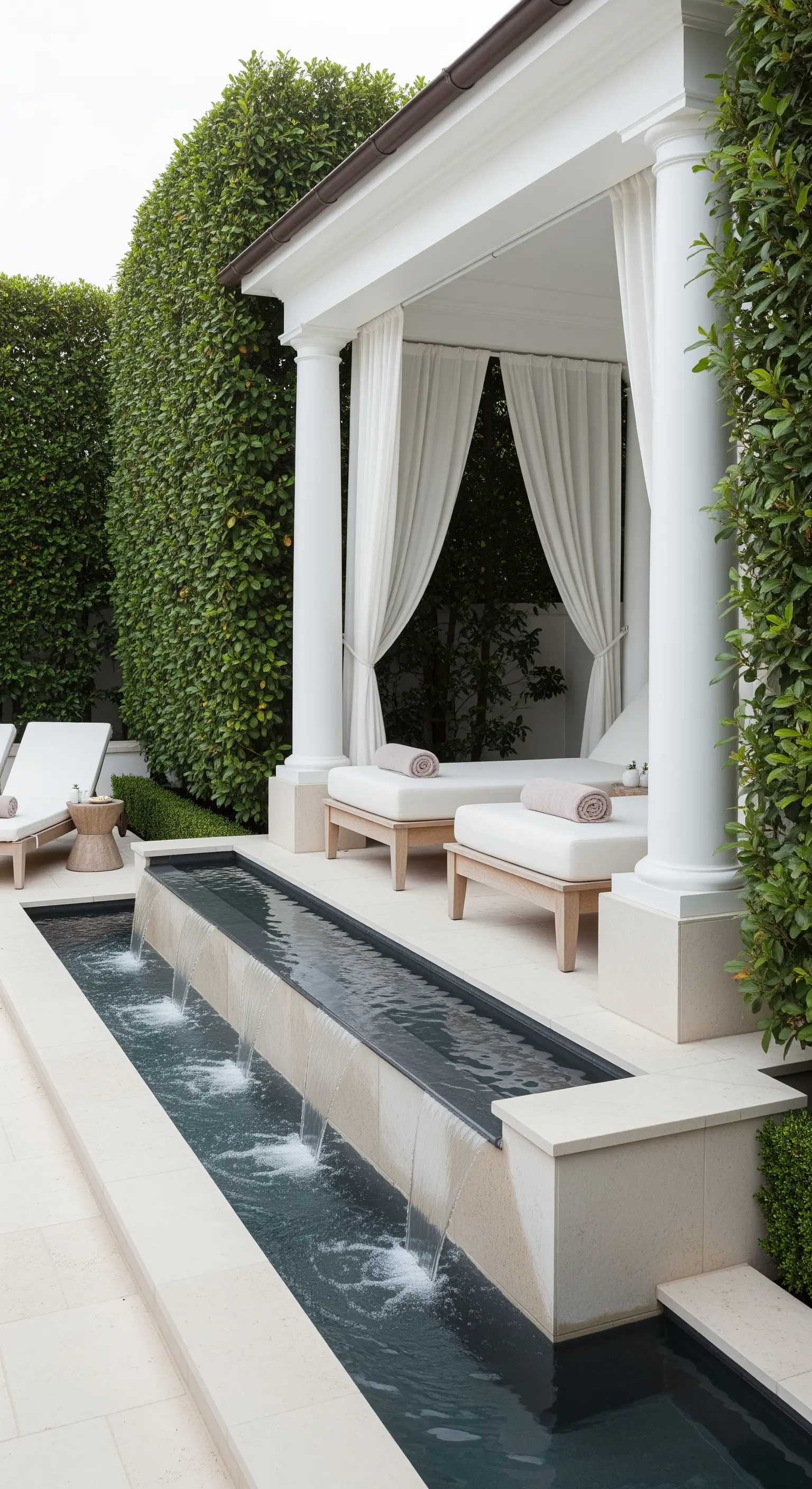 Area relax a bordo piscina con lettini, tende bianche e una fontana a cascata.