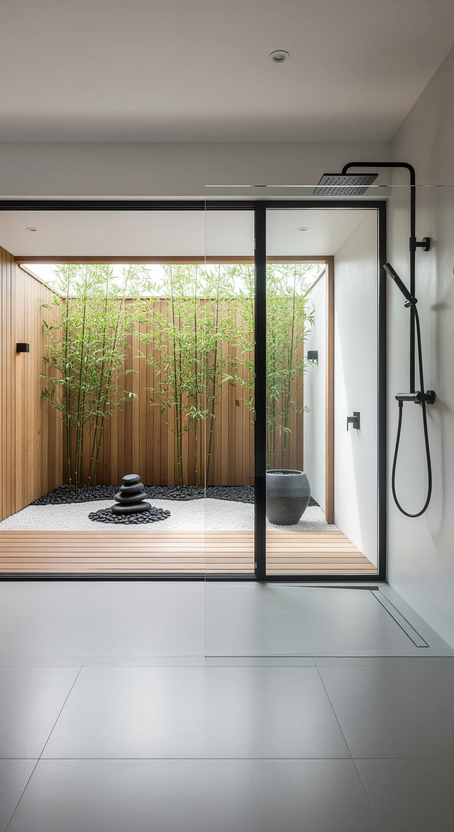 Doccia con accesso a un piccolo giardino zen esterno con bambù e ciottoli.