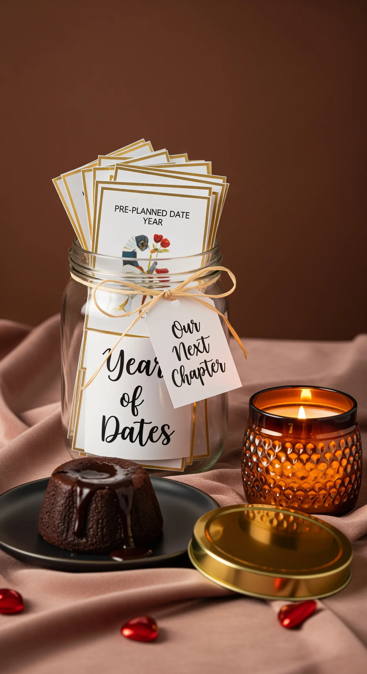 Barattolo con idee per appuntamenti, un tortino al cioccolato e una candela ambrata.