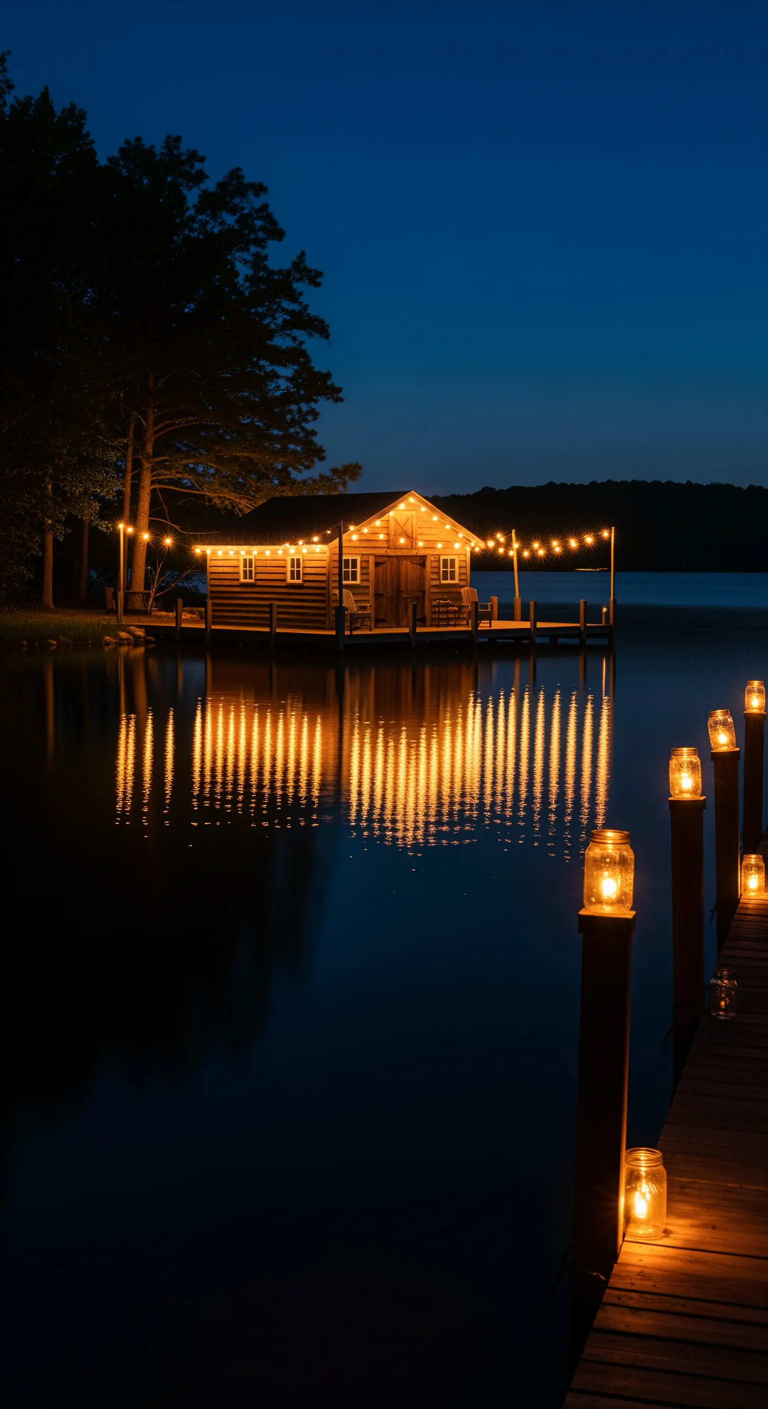 Pontile sul lago con una capanna, illuminato da catenarie di luci e lanterne su pali.