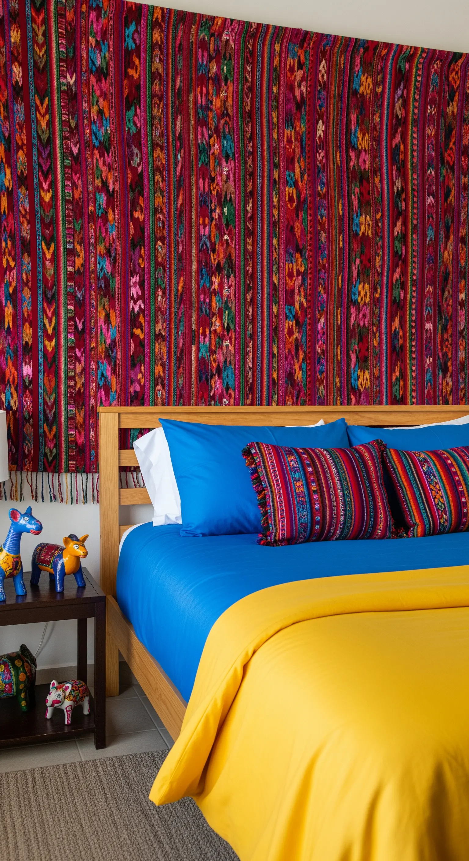 Arazzo guatemalteco dai colori vivaci usato come testiera dietro un letto con lenzuola blu e gialle.