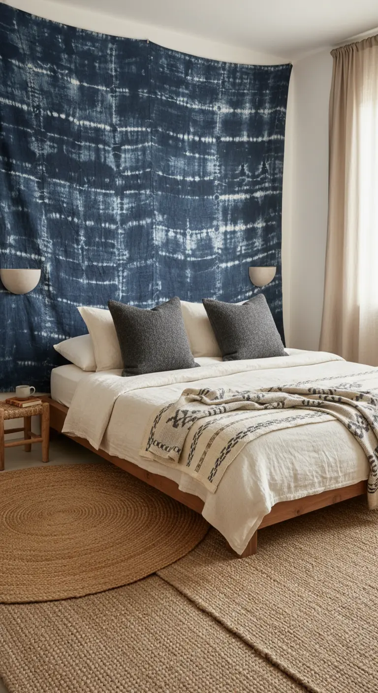 Grande arazzo in tessuto indaco tinto a riserva usato come testiera.