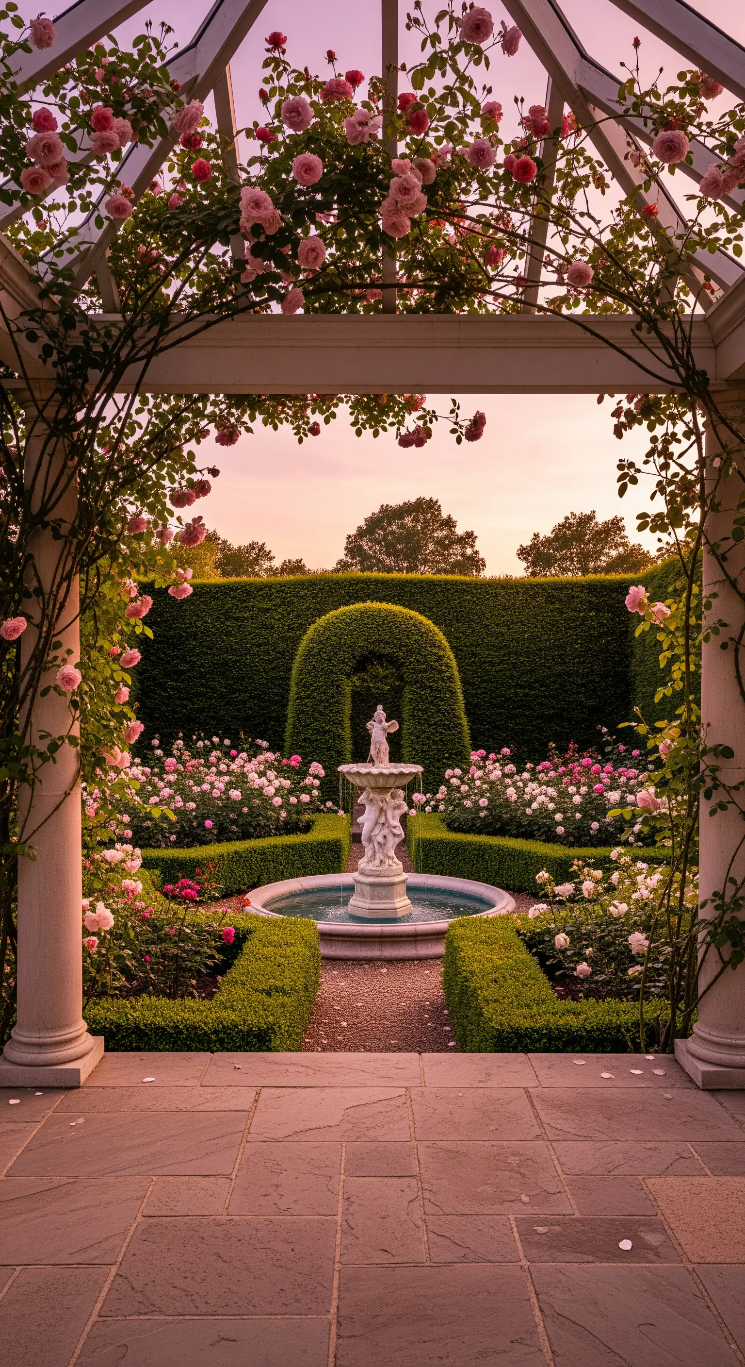 Pergola coperta di rose rosa che incornicia un giardino con una piccola fontana.