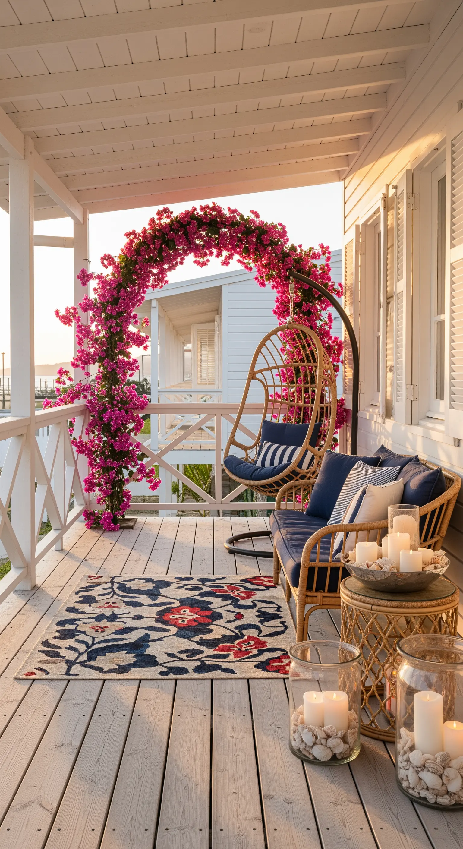 Veranda in legno bianco con arco di bougainvillea fucsia e arredi in rattan.