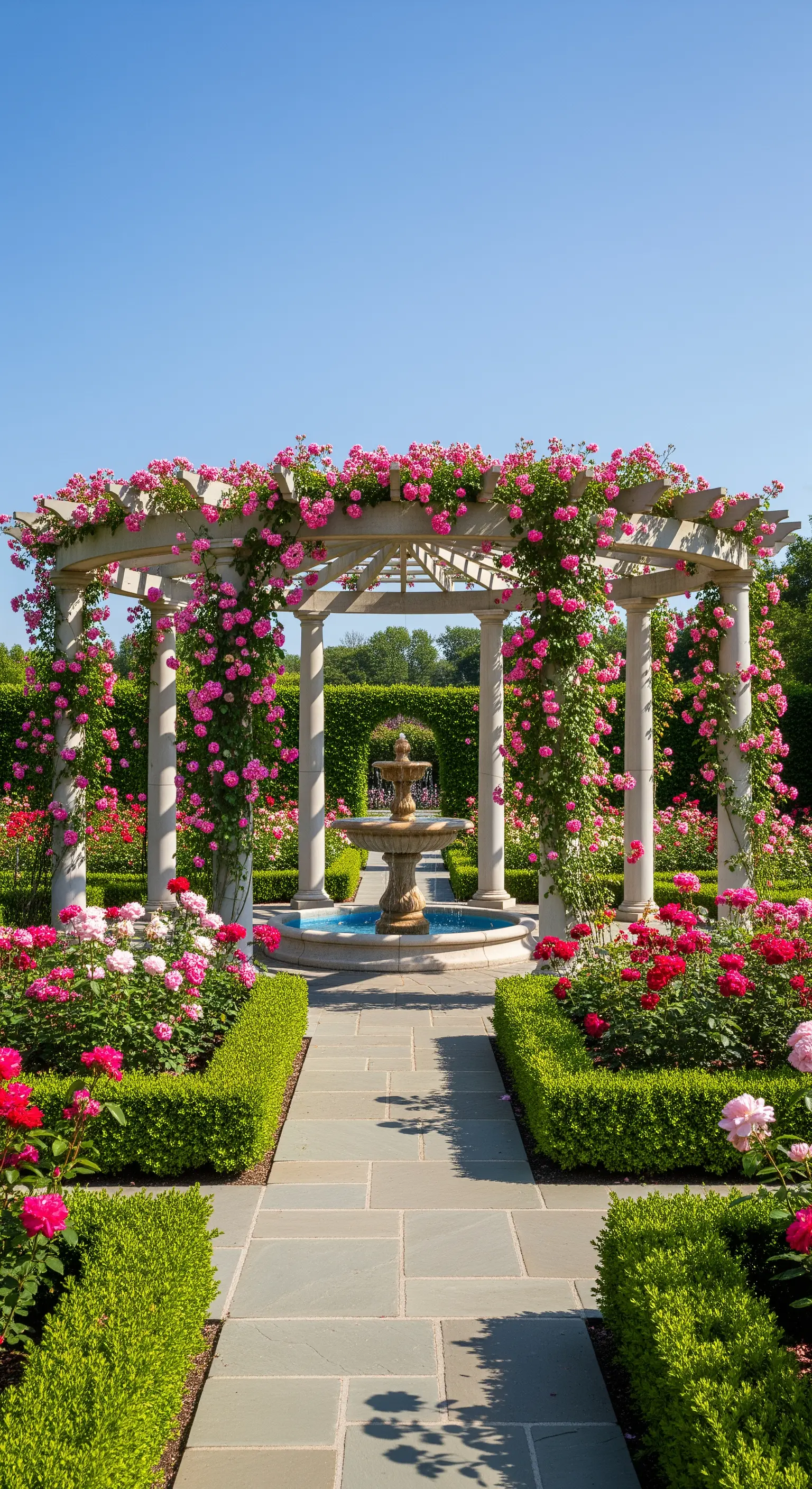 Pergola con colonne bianche interamente ricoperta di rose rosa rampicanti in un giardino formale.