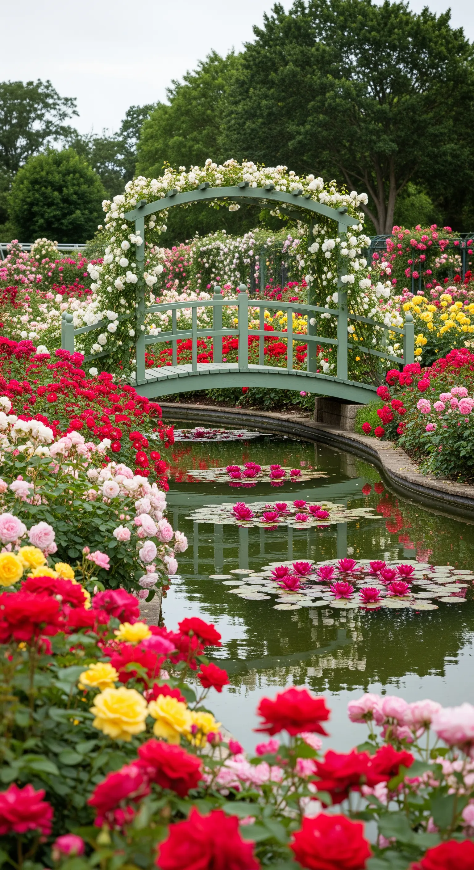 Ponte verde con un arco coperto di rose bianche, circondato da un roseto colorato