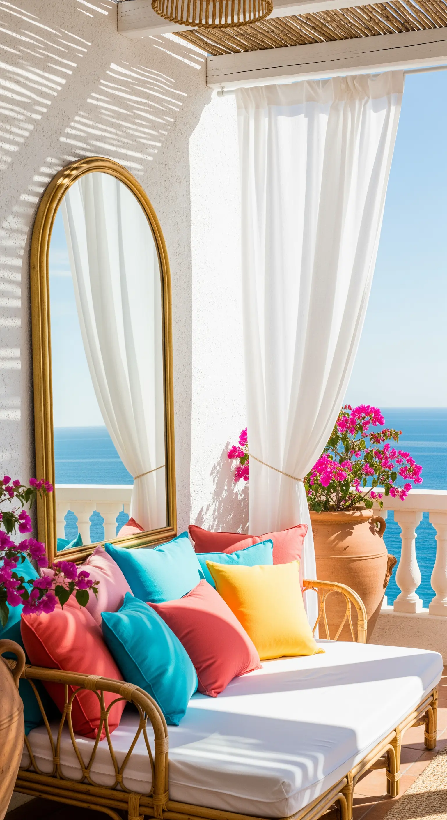 Specchio ad arco dorato su un balcone mediterraneo con daybed in rattan e tende bianche.
