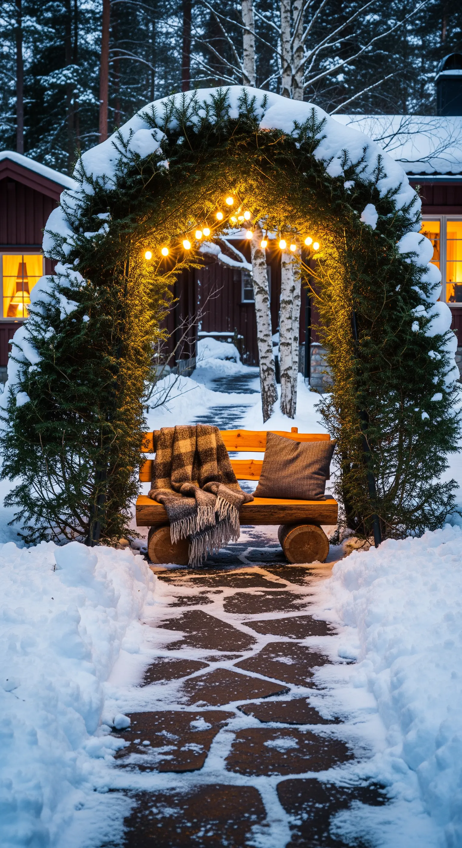 Arco innevato fatto di rami di pino e luci calde, con una panca in legno e coperte.