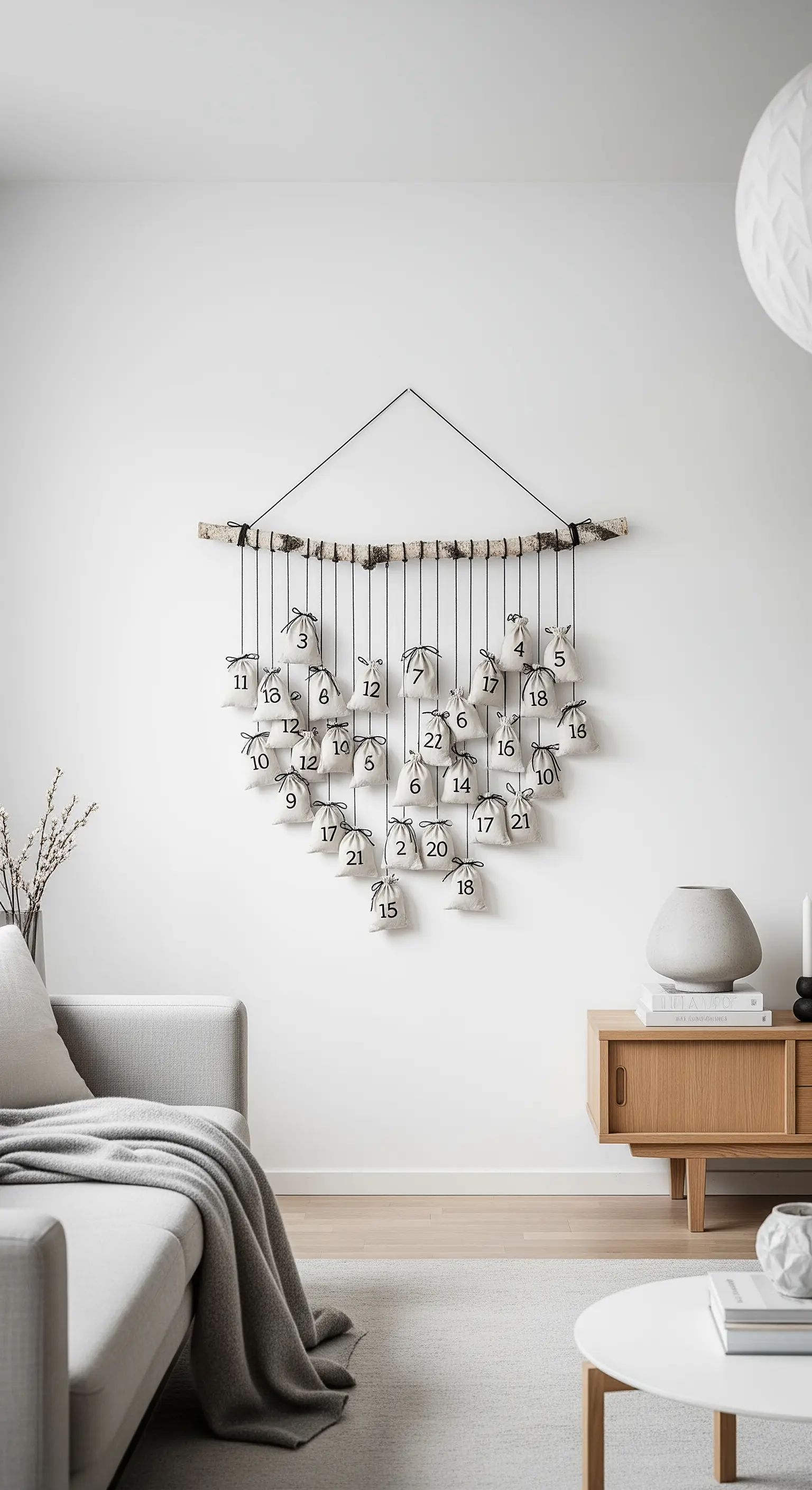 Calendario dell'Avvento minimalista con sacchetti di stoffa appesi a un ramo.