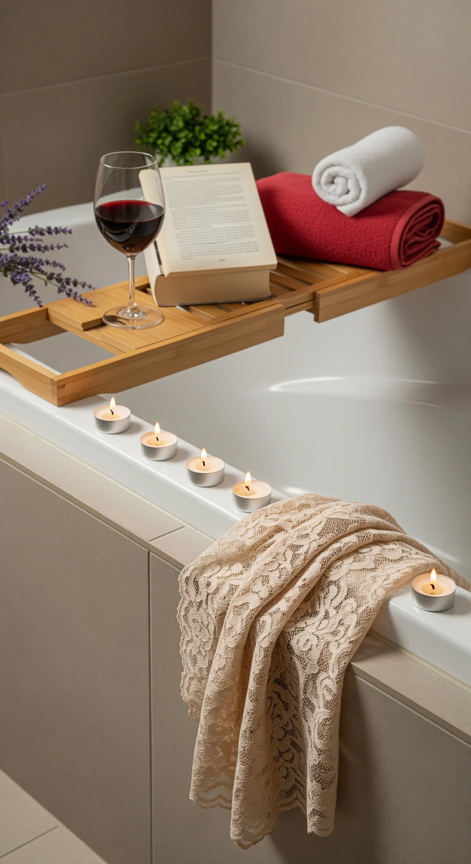 Bordo vasca con tea light accese, un vassoio con libro e vino, e un drappo di pizzo.