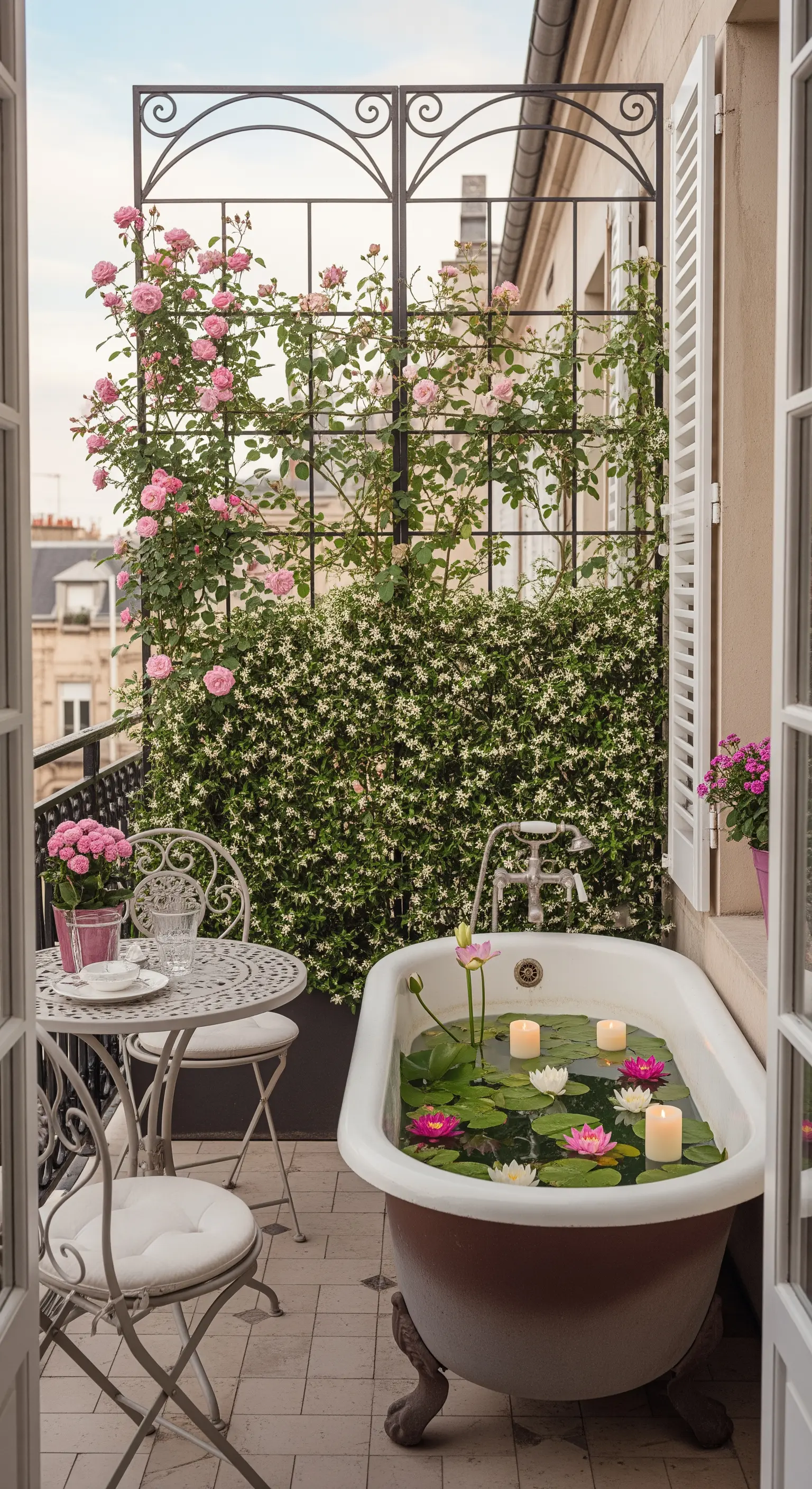 Balcone parigino con vasca da bagno vintage usata come laghetto per ninfee e rose rampicanti.