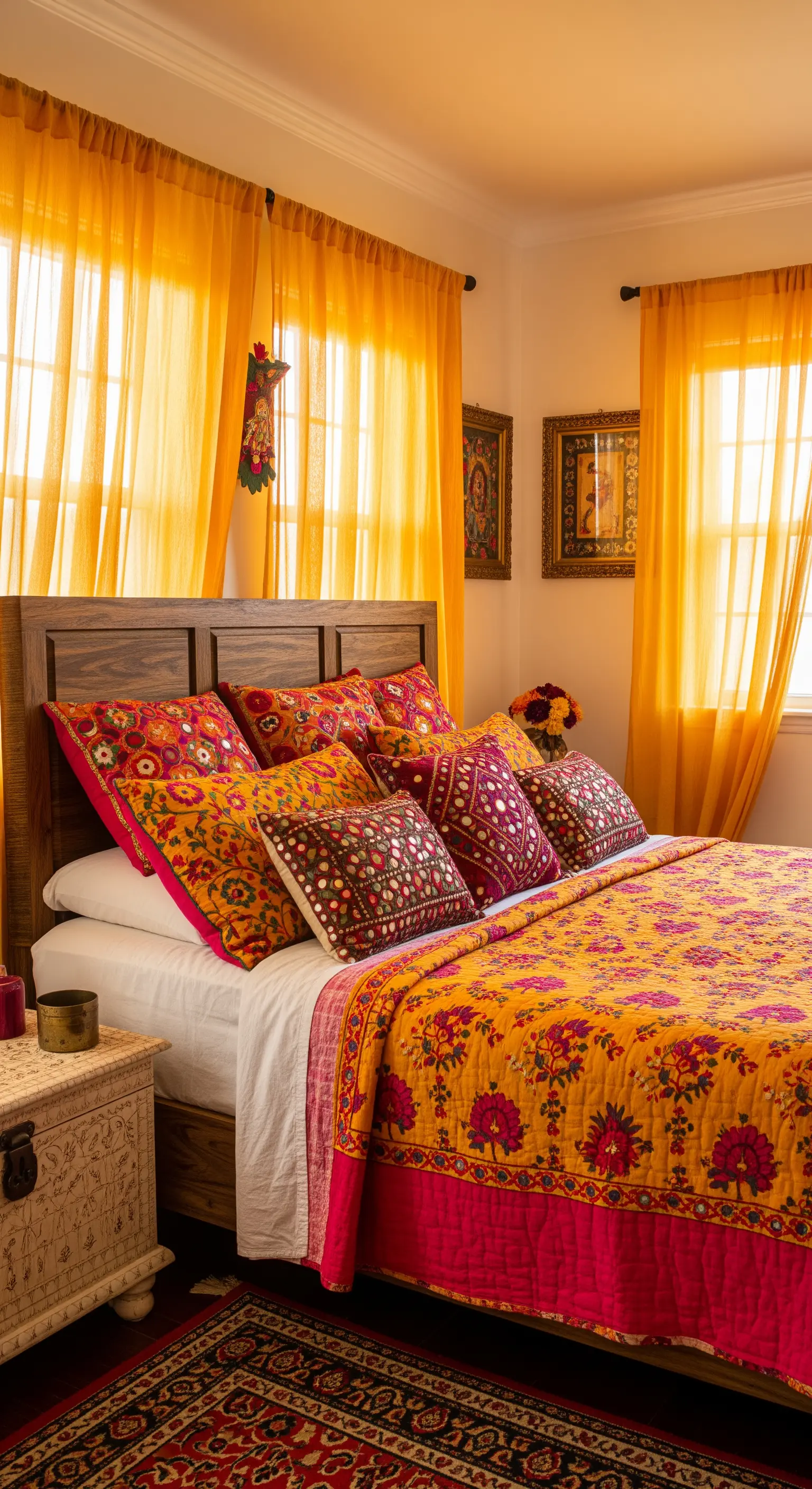 Camera da letto indiana con tende gialle, copriletto ricamato e cuscini decorati.