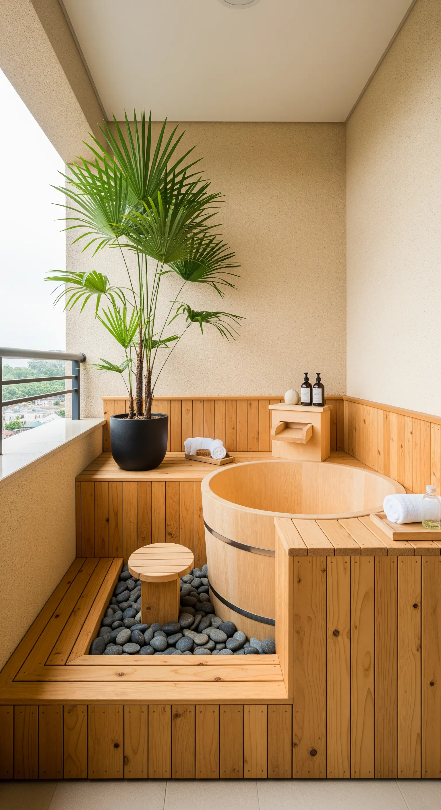 Balcone con vasca da bagno giapponese in legno (ofuro) su un deck rialzato.