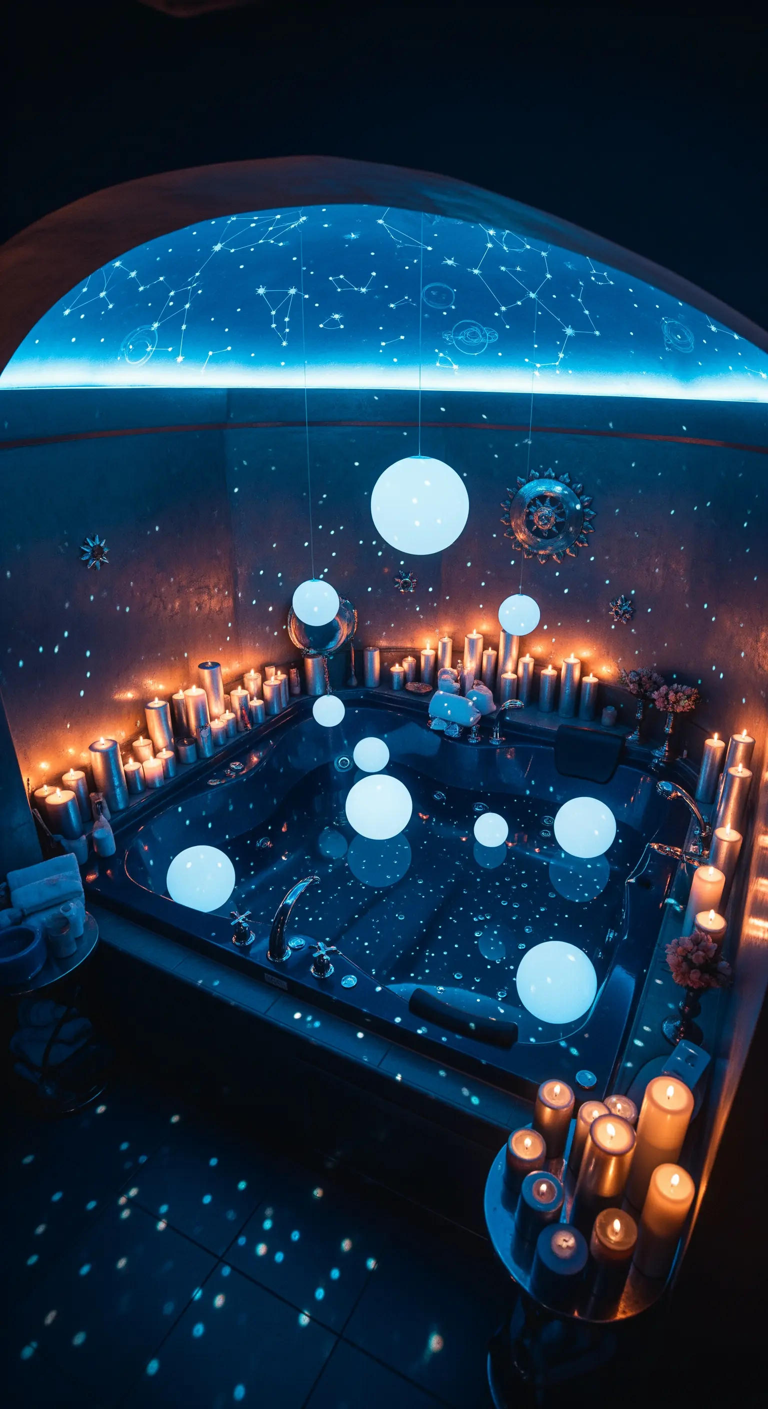 Vasca idromassaggio scura sotto un soffitto che proietta stelle e costellazioni.