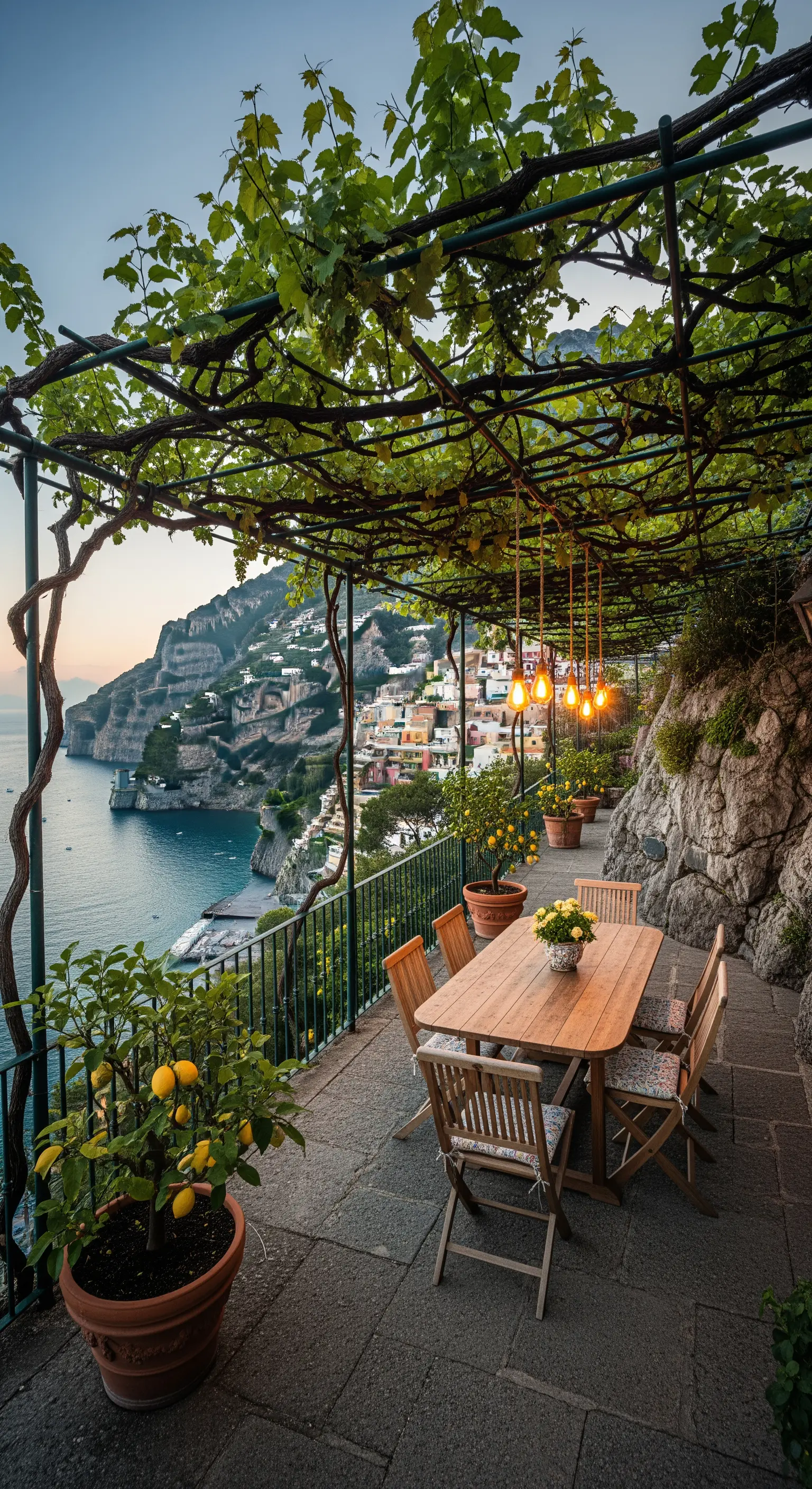 Terrazza con pergola di vite e limoni in vaso affacciata sulla Costiera Amalfitana.