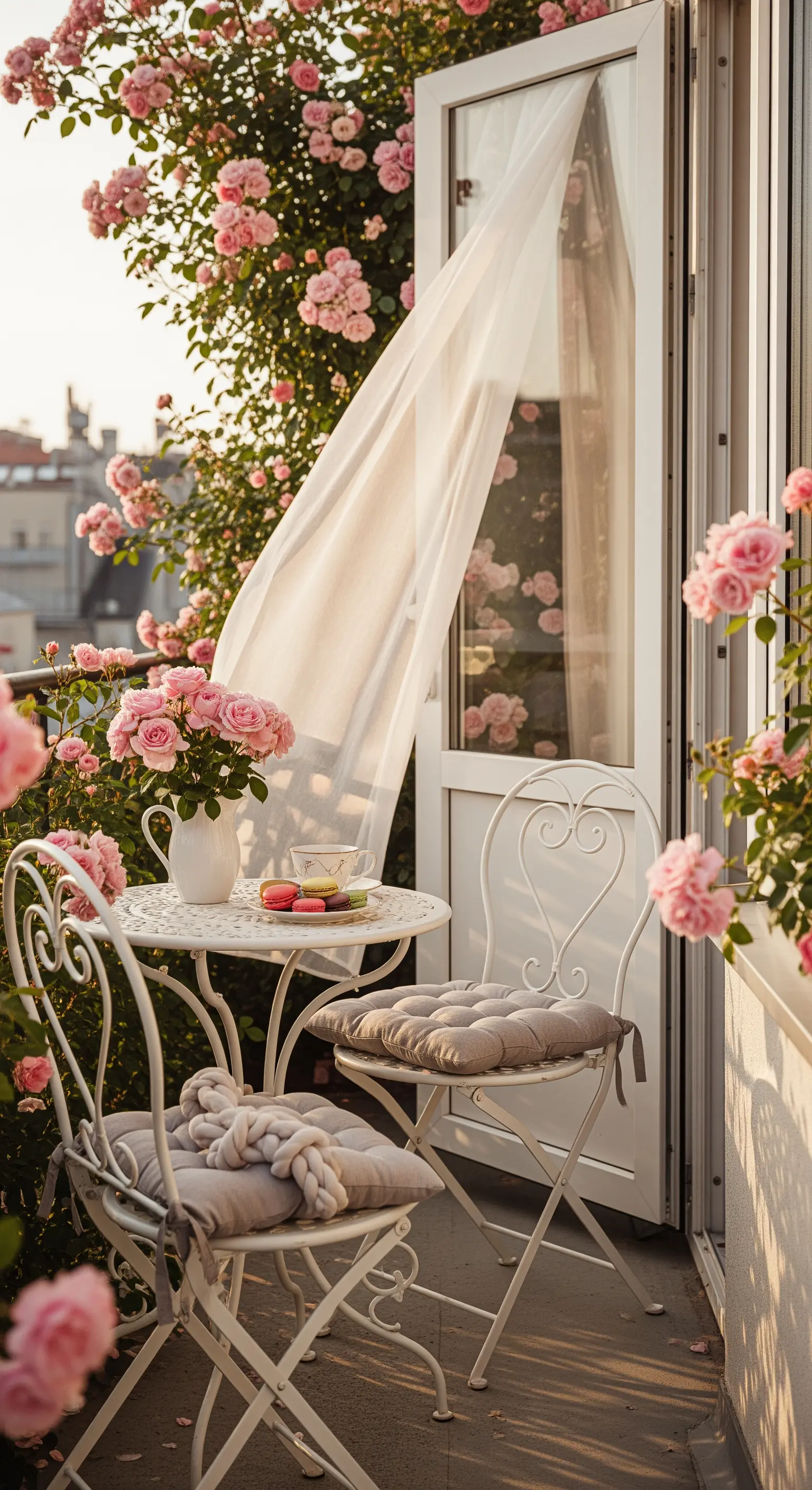 Balcone con tavolo e sedie in ferro battuto bianco, circondato da rose rosa.