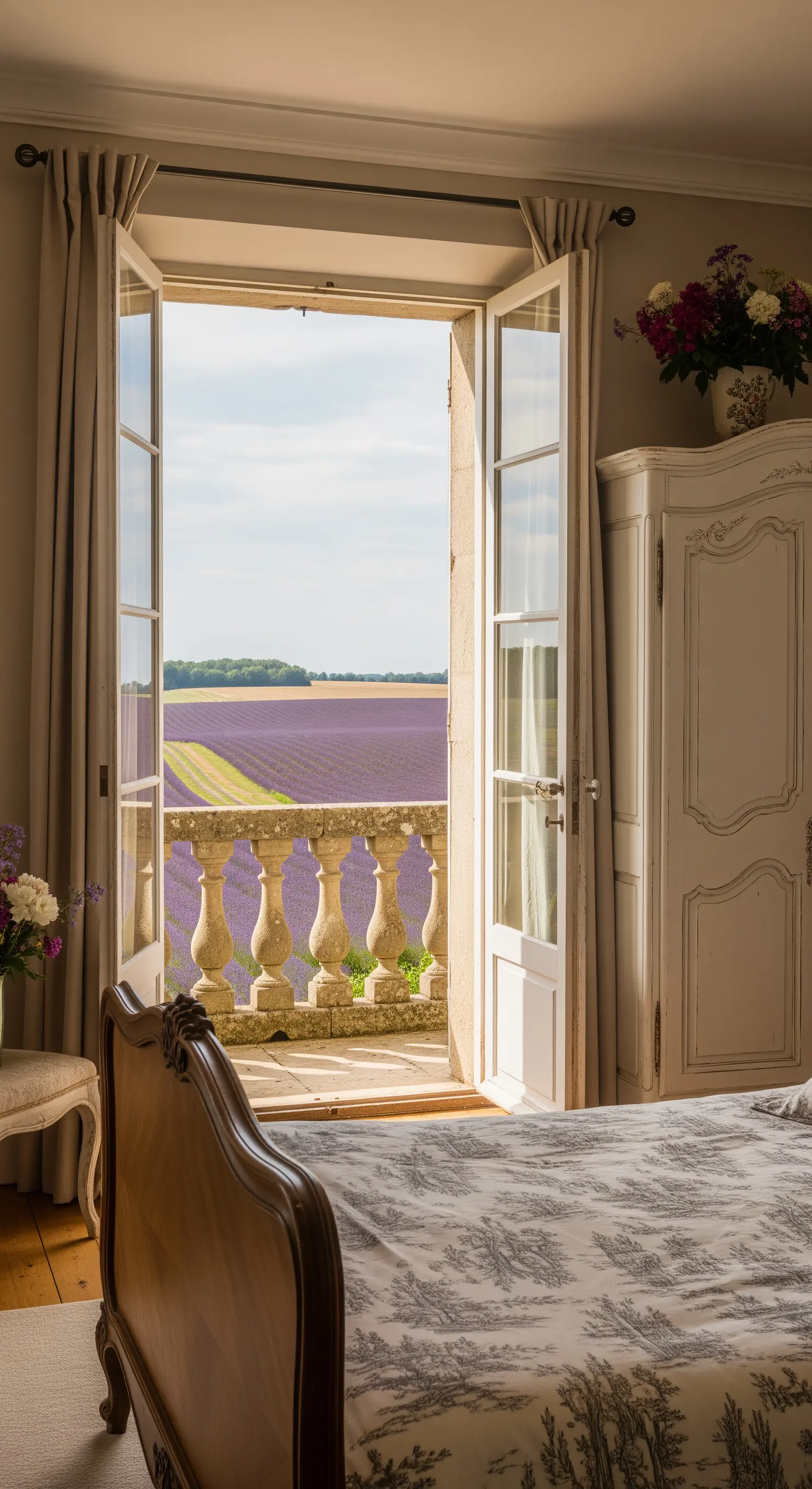 Camera in stile provenzale con porte aperte su un balcone affacciato sulla lavanda.