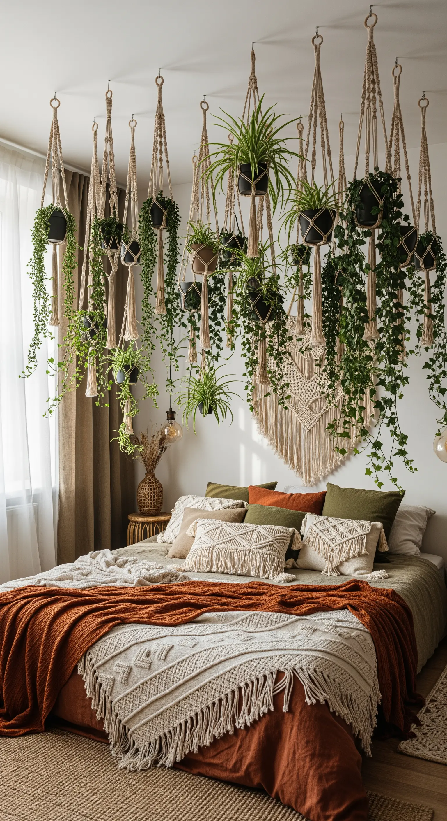 Letto con una nuvola di piante sospese in vasi di macramè che creano un effetto baldacchino.