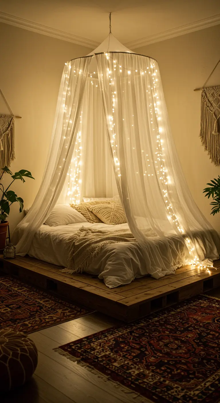 Letto con baldacchino in tessuto trasparente illuminato da una cascata di piccole luci.