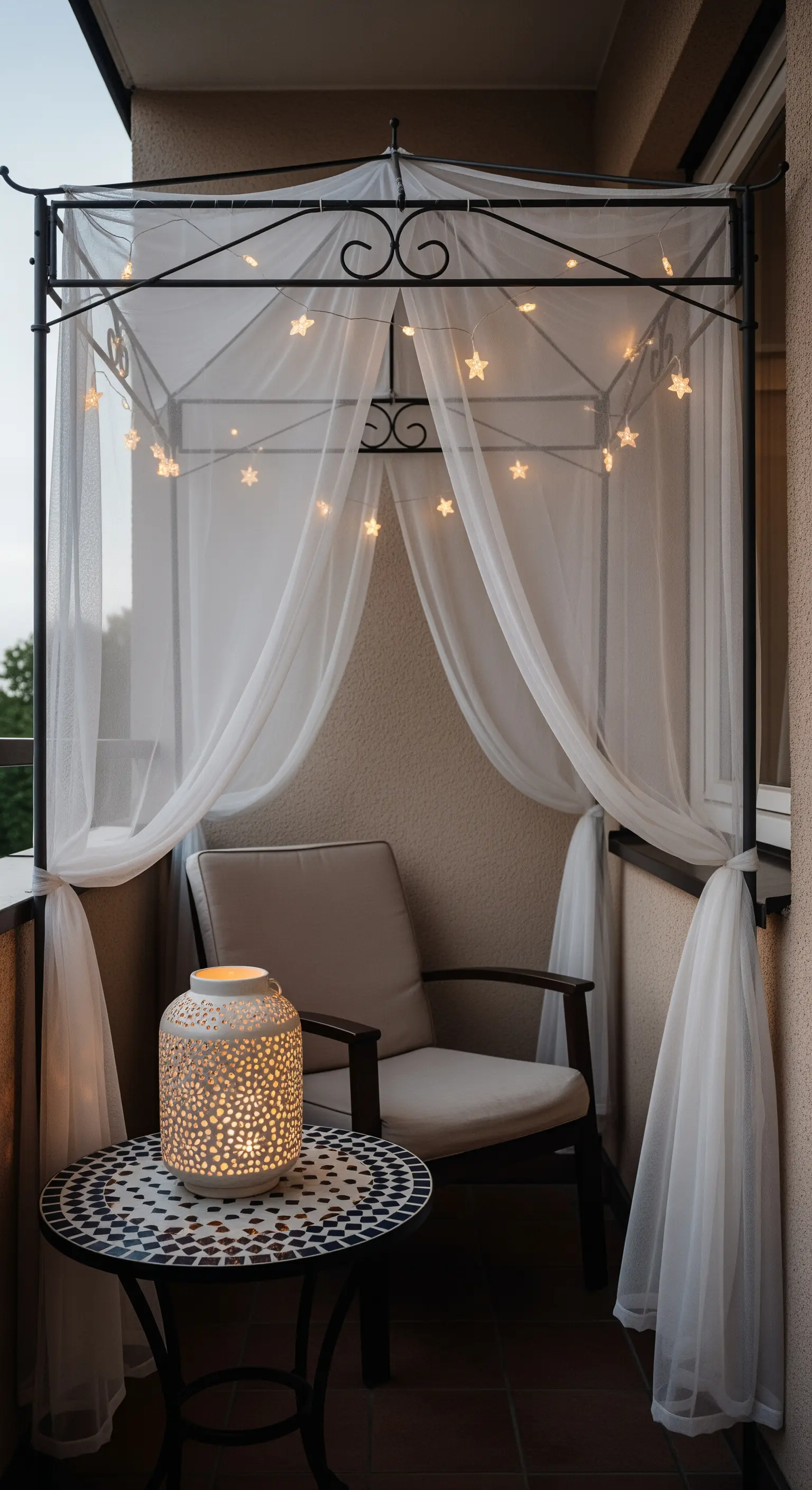 Piccolo balcone con struttura a baldacchino, tende bianche e luci a forma di stella