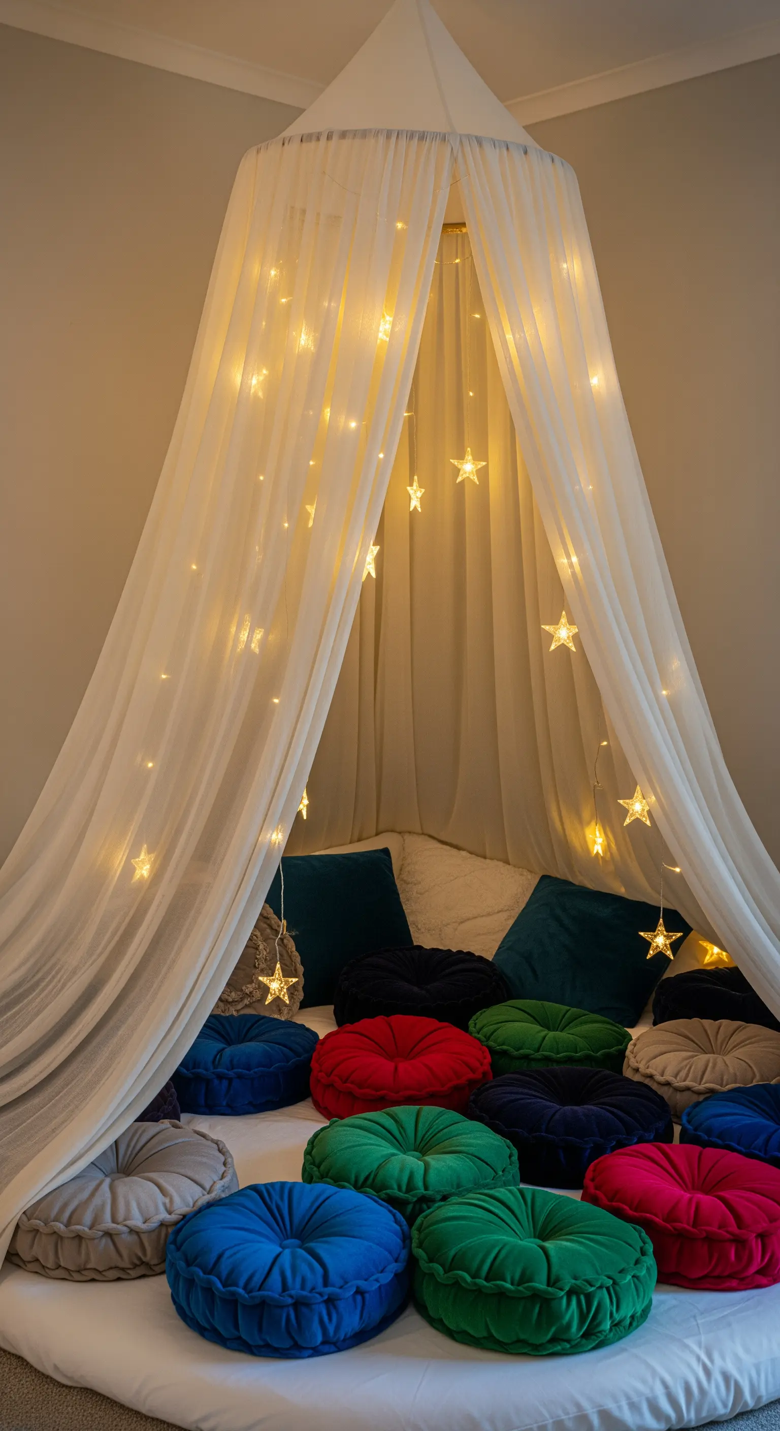 Tenda a baldacchino illuminata da lucine a stella, con tanti cuscini colorati sul pavimento.