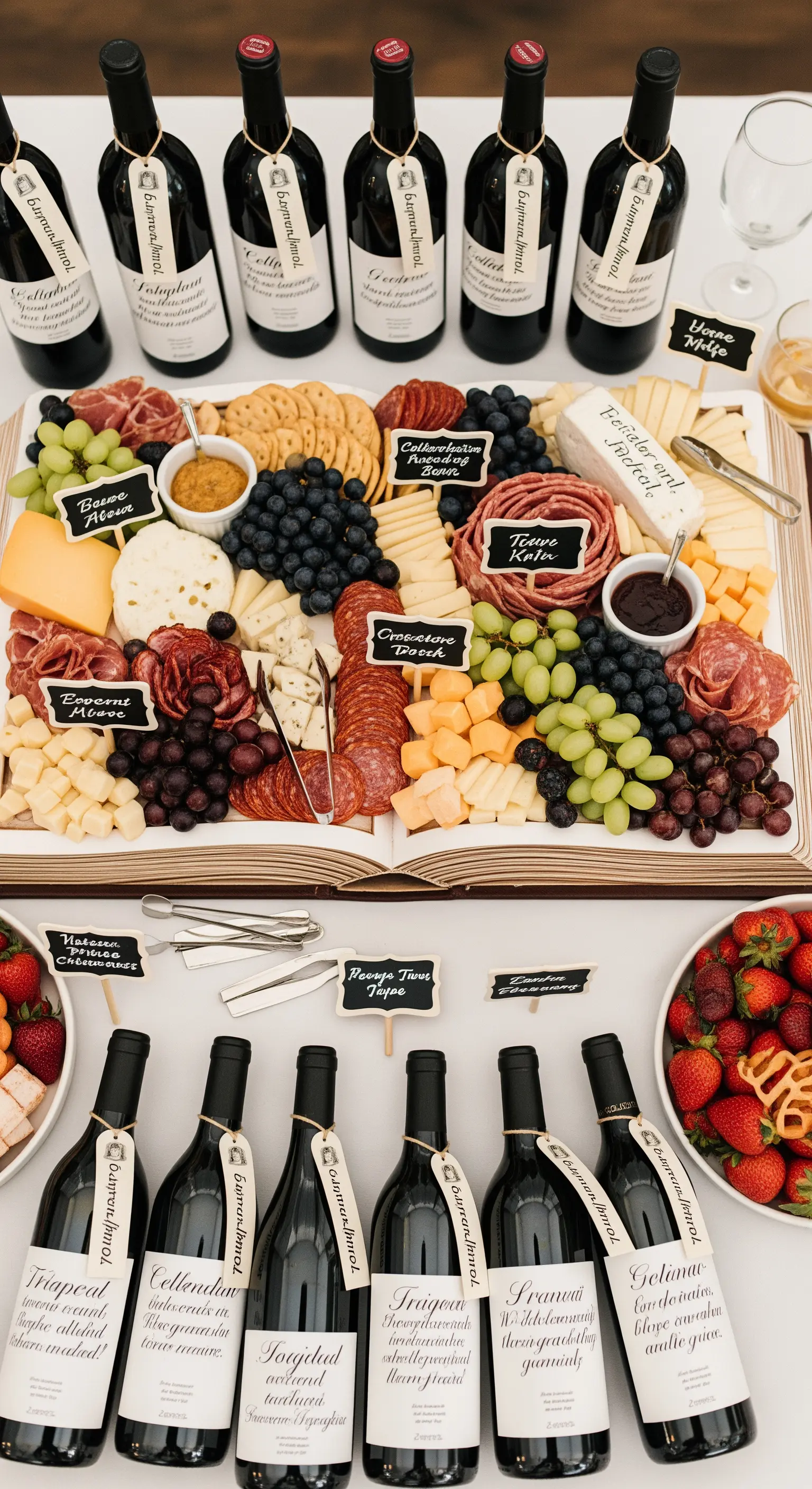 Tagliere di formaggi e salumi allestito su un grande libro aperto, con bottiglie di vino.