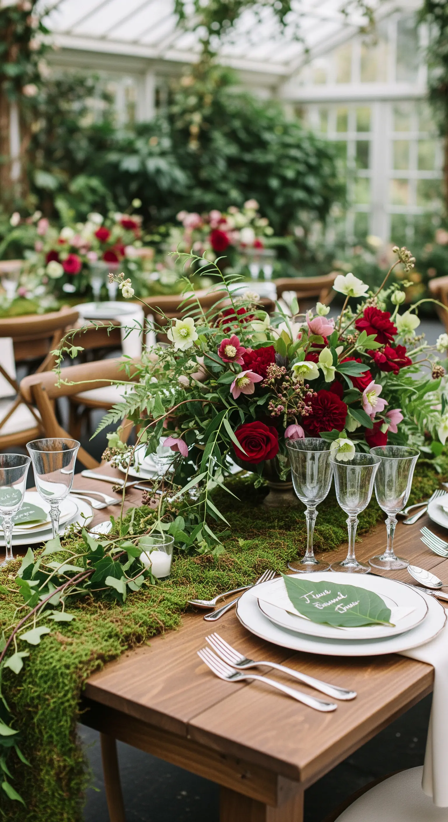 Tavolo in legno con runner di muschio, edera e fiori rossi in una serra.