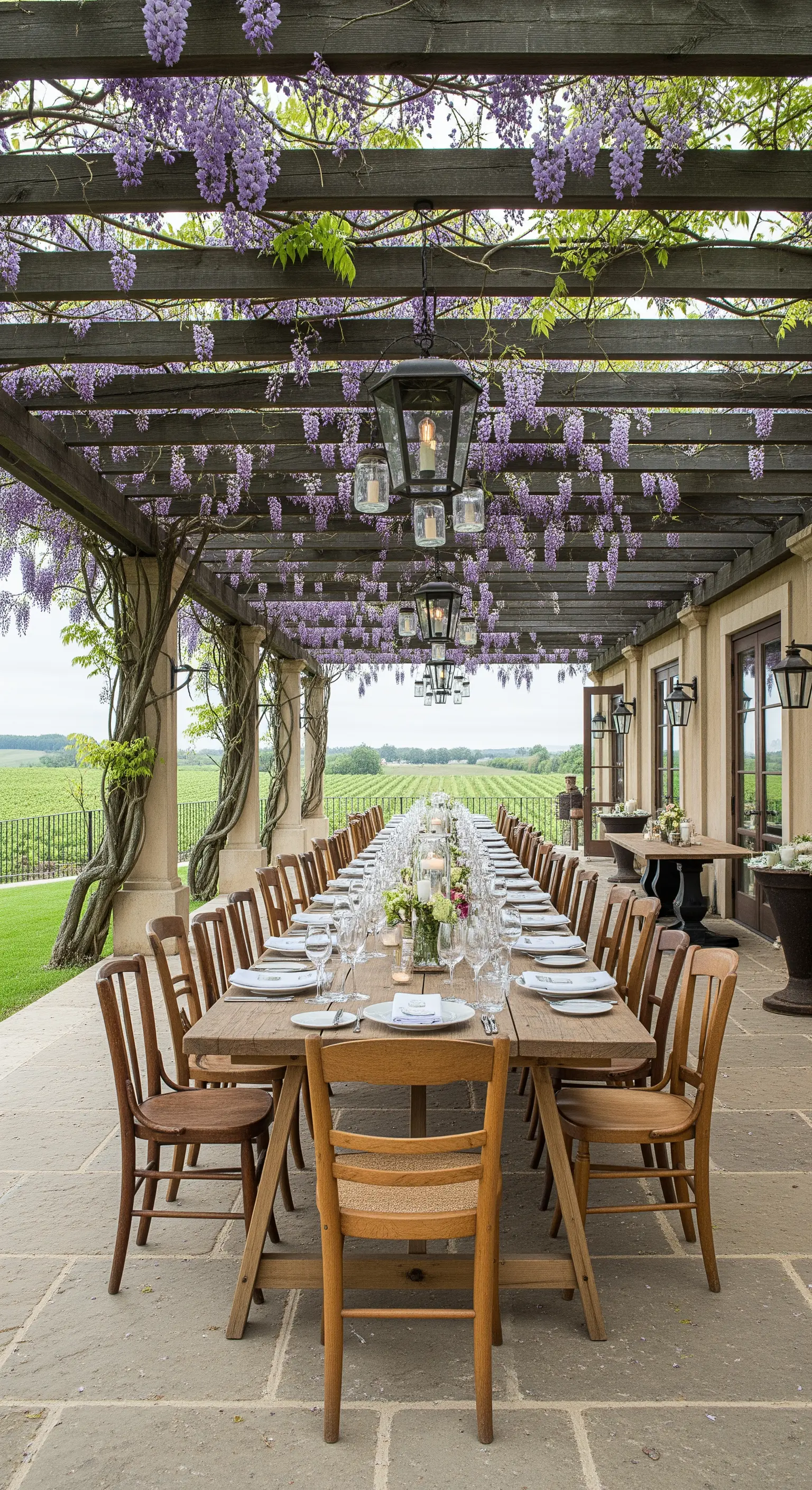 Lungo tavolo da pranzo sotto una pergola ricoperta di glicine in fiore, in un vigneto.