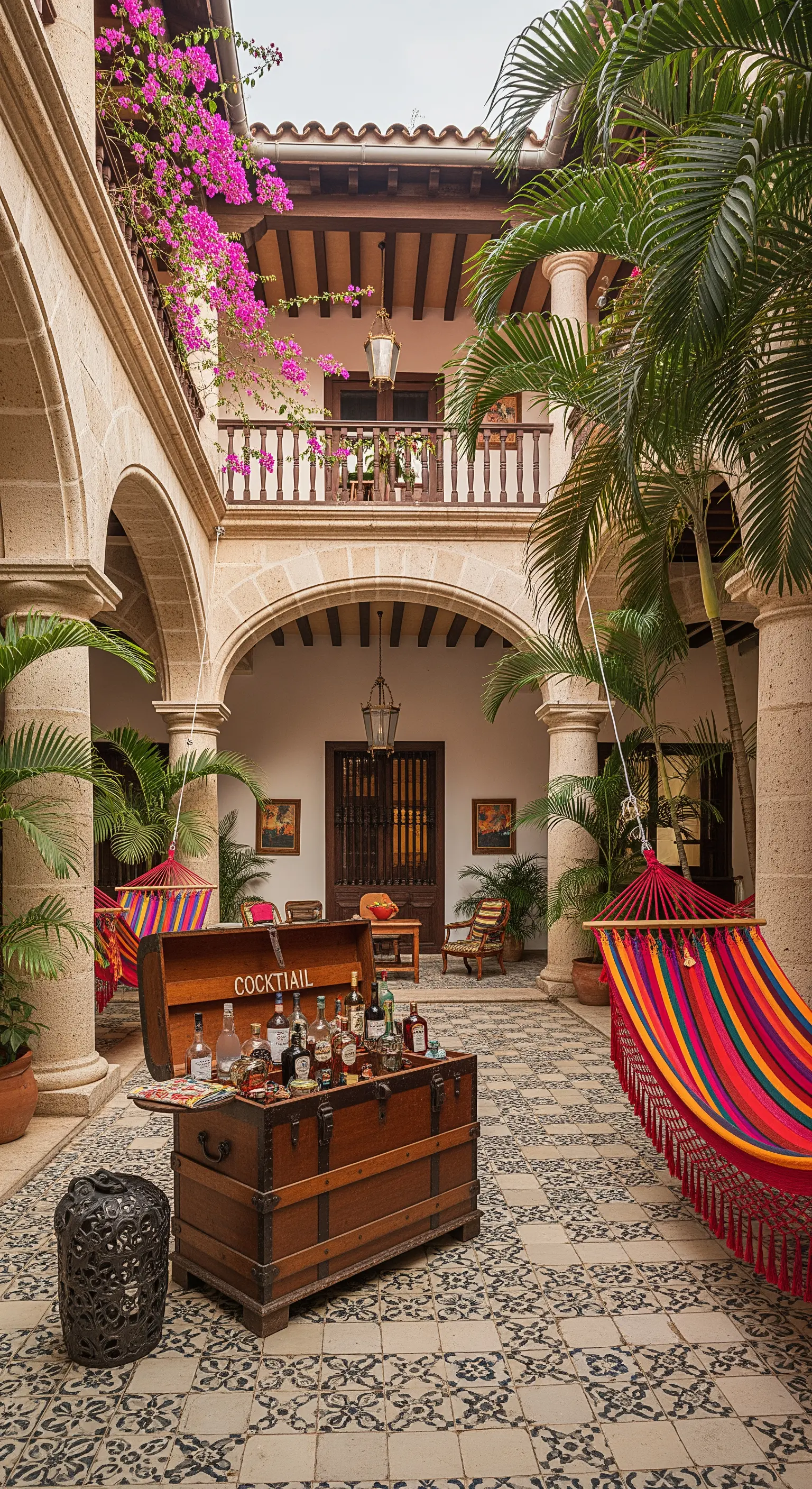 Cortile con colonne e piastrelle decorate, con un baule in legno aperto usato come cocktail bar