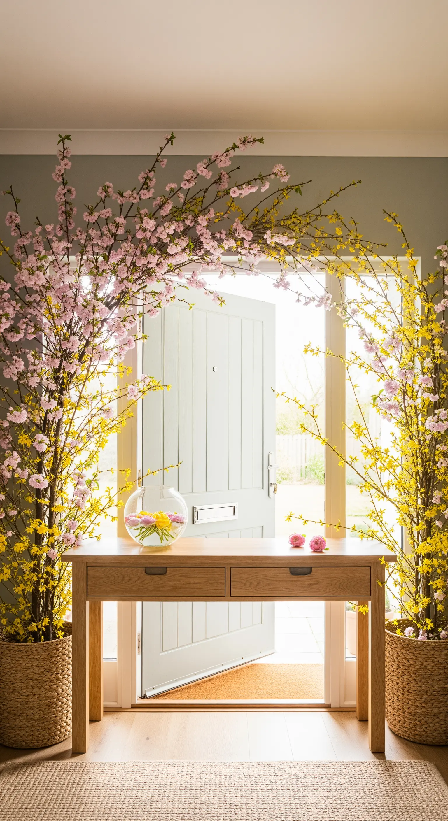 Ingresso di casa con un arco di rami di ciliegio rosa e forsizia gialla attorno alla porta.